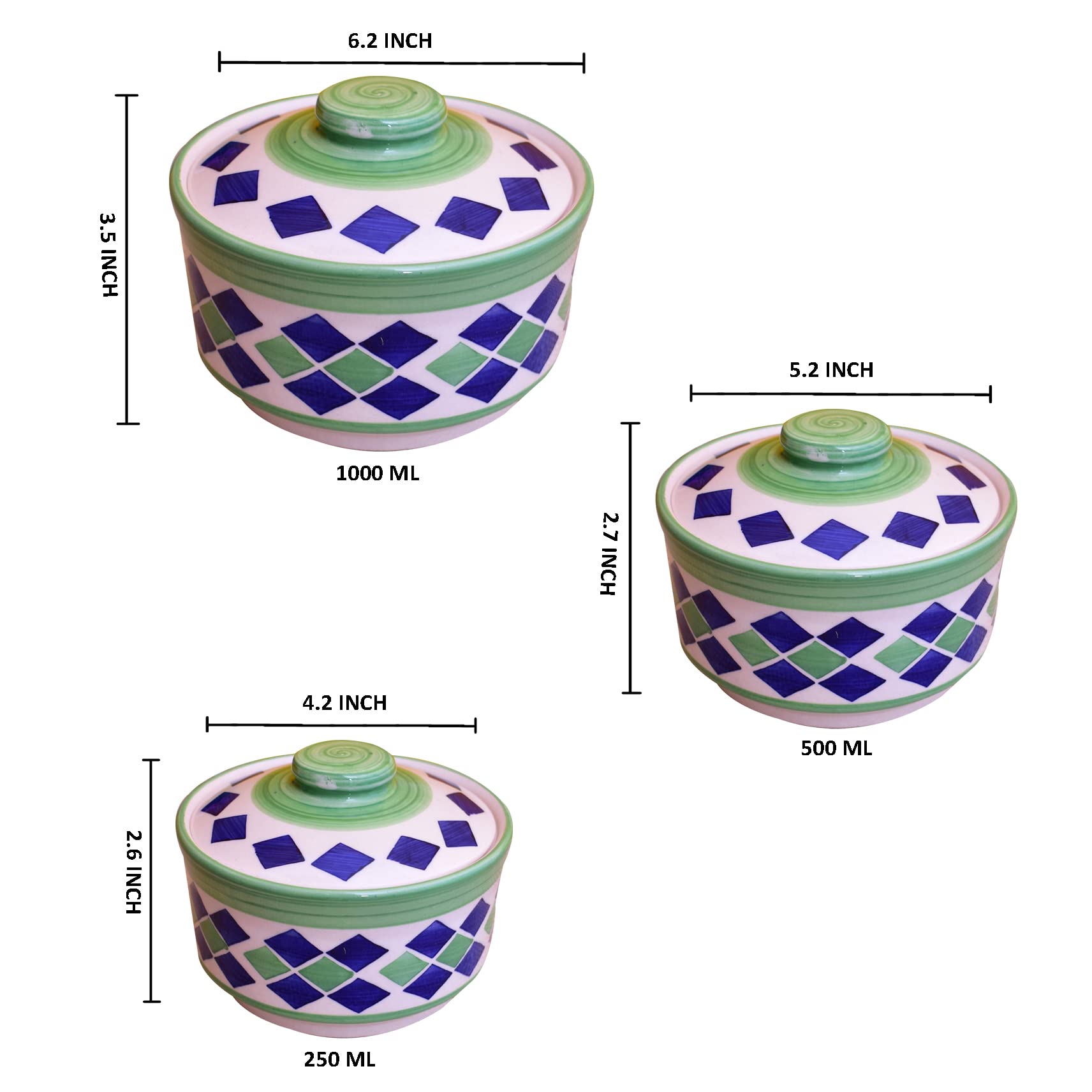 Kunhar Ceramic Donga, Ceramic Serving Donga, 1000 Ml, 500 Ml and 250 Ml, 3 Pieces, Green Blue - Image 2