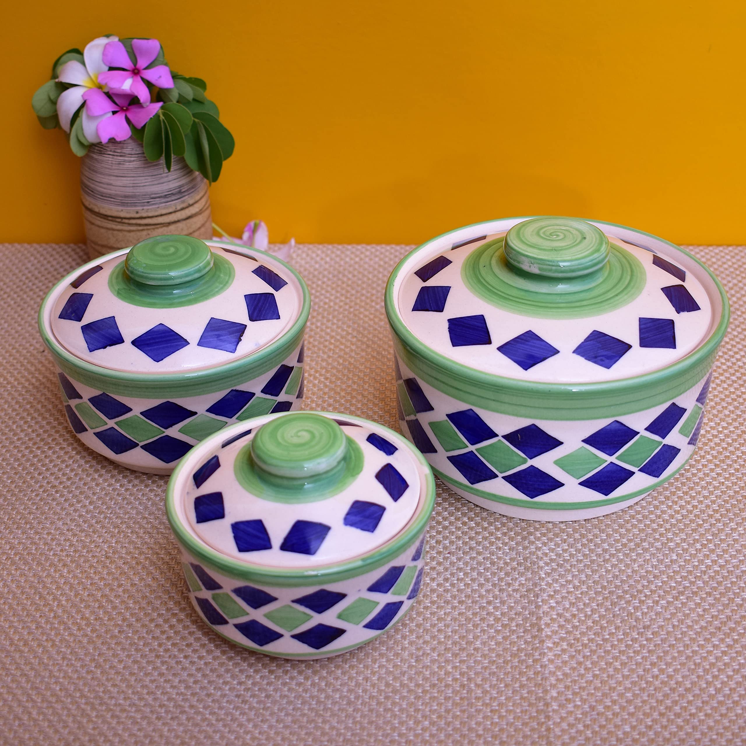Kunhar Ceramic Donga, Ceramic Serving Donga, 1000 Ml, 500 Ml and 250 Ml, 3 Pieces, Green Blue - Image 3