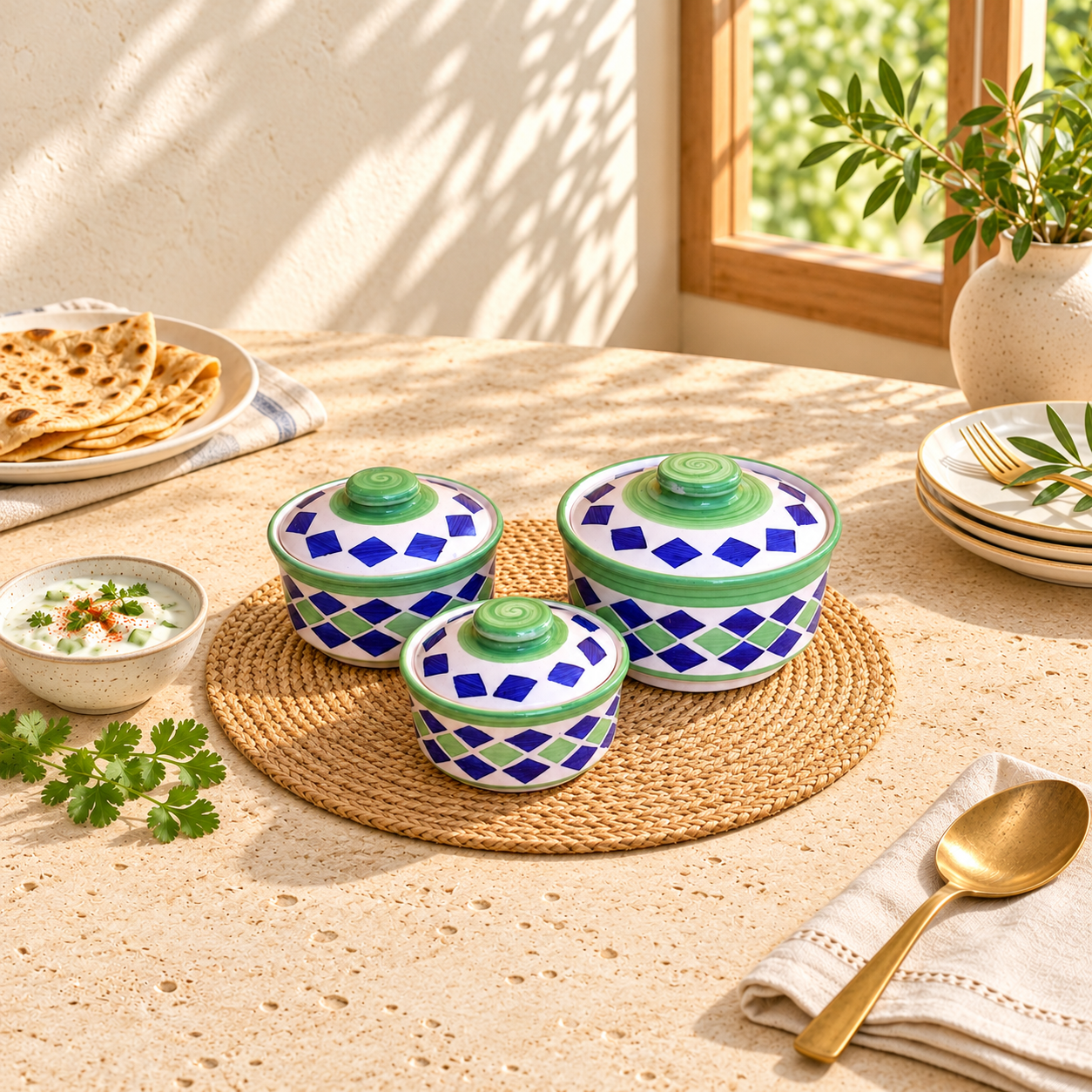 Kunhar Ceramic Donga, Ceramic Serving Donga, 1000 Ml, 500 Ml and 250 Ml, 3 Pieces, Green Blue