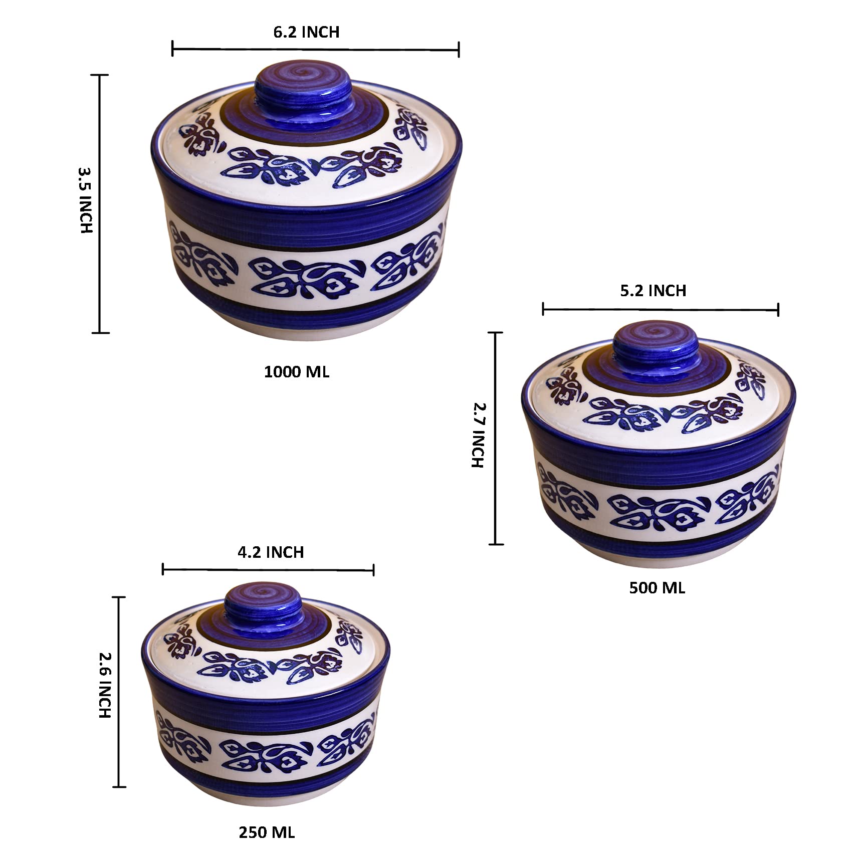 Kunhar Ceramic Donga, Ceramic Serving Donga, 1000 Ml, 500 Ml and 250 Ml, 3 Pieces, Blue Vine - Image 2