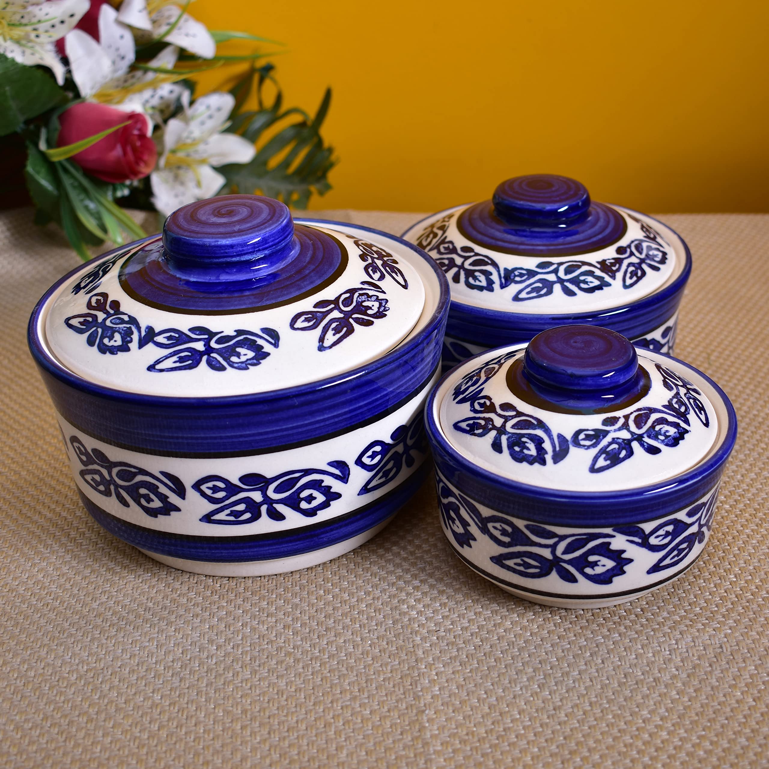 Kunhar Ceramic Donga, Ceramic Serving Donga, 1000 Ml, 500 Ml and 250 Ml, 3 Pieces, Blue Vine - Image 3