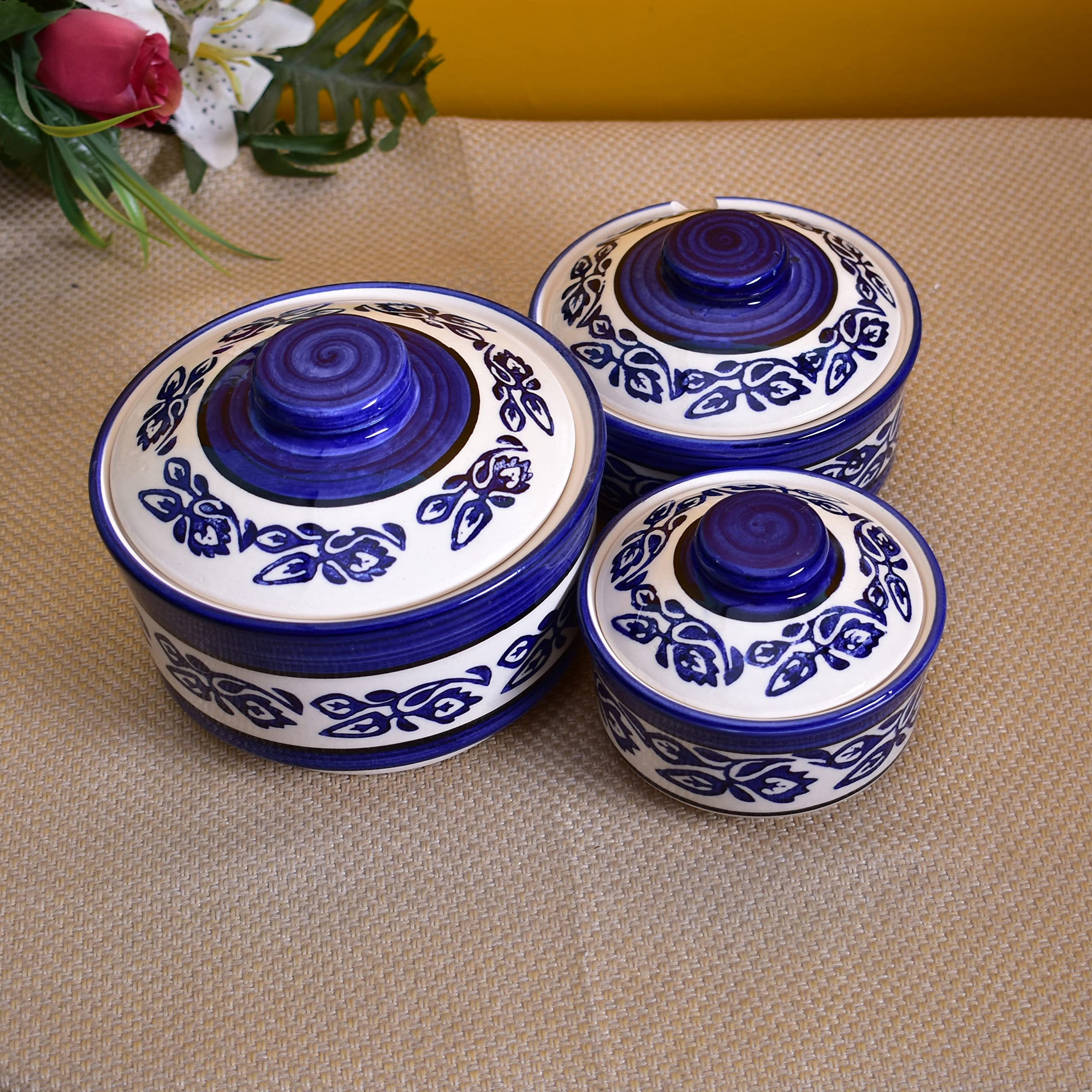Kunhar Ceramic Donga, Ceramic Serving Donga, 1000 Ml, 500 Ml and 250 Ml, 3 Pieces, Blue Vine - Image 4