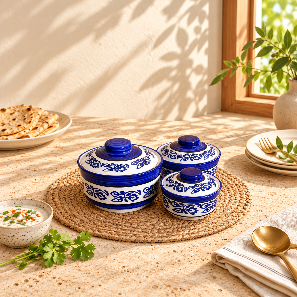 Kunhar Ceramic Donga, Ceramic Serving Donga, 1000 Ml, 500 Ml and 250 Ml, 3 Pieces, Blue Vine