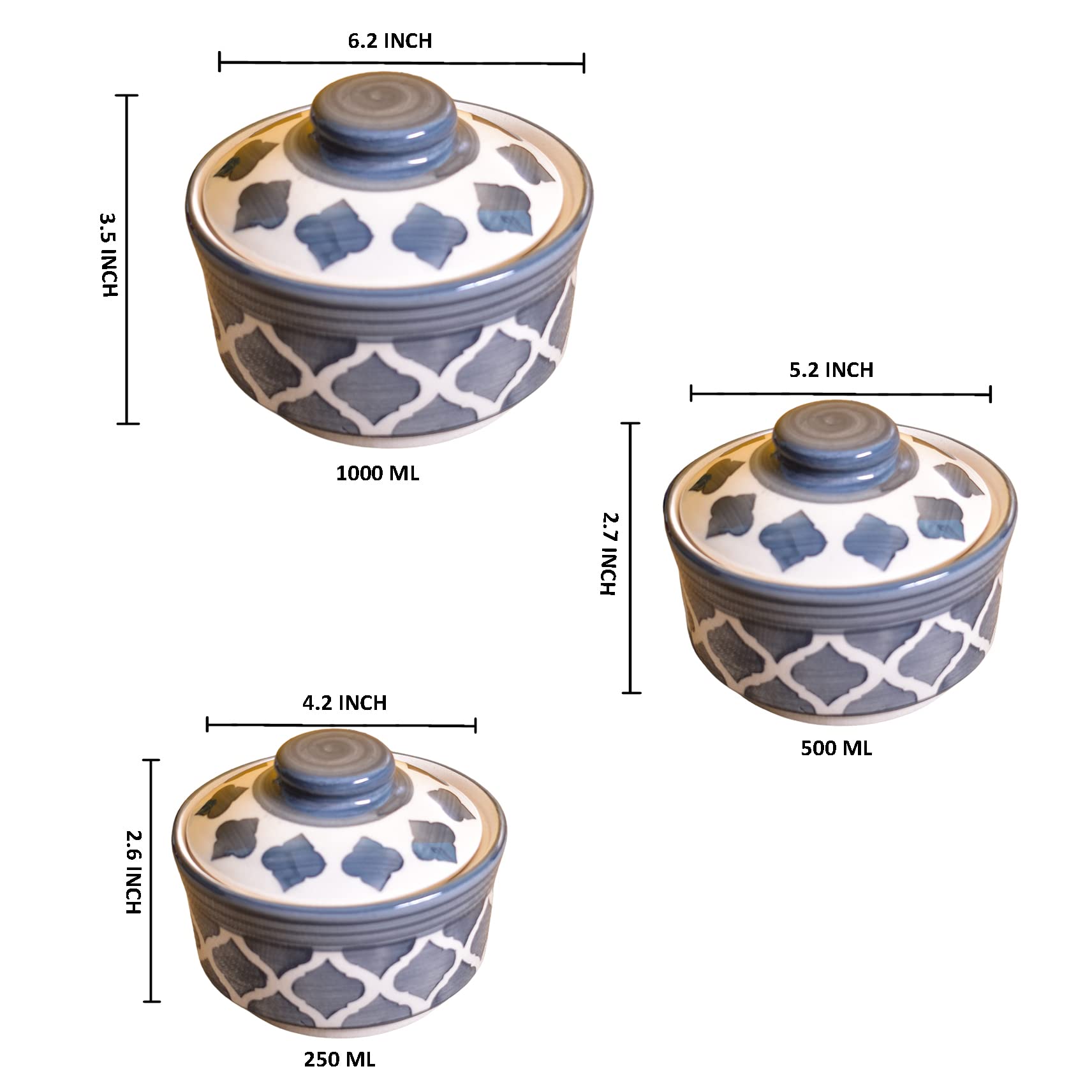Kunhar Ceramic Donga with Lid, Ceramic Serving Donga, 1000 Ml, 500 Ml and 250 Ml, 3 Pieces, Grey Chidi - Image 2