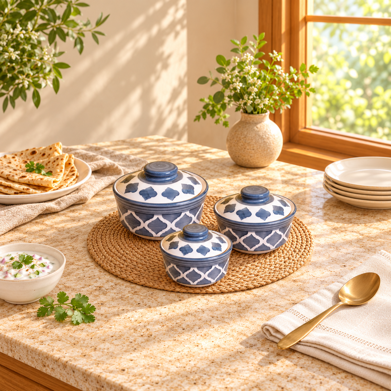 Kunhar Ceramic Donga with Lid, Ceramic Serving Donga, 1000 Ml, 500 Ml and 250 Ml, 3 Pieces, Grey Chidi