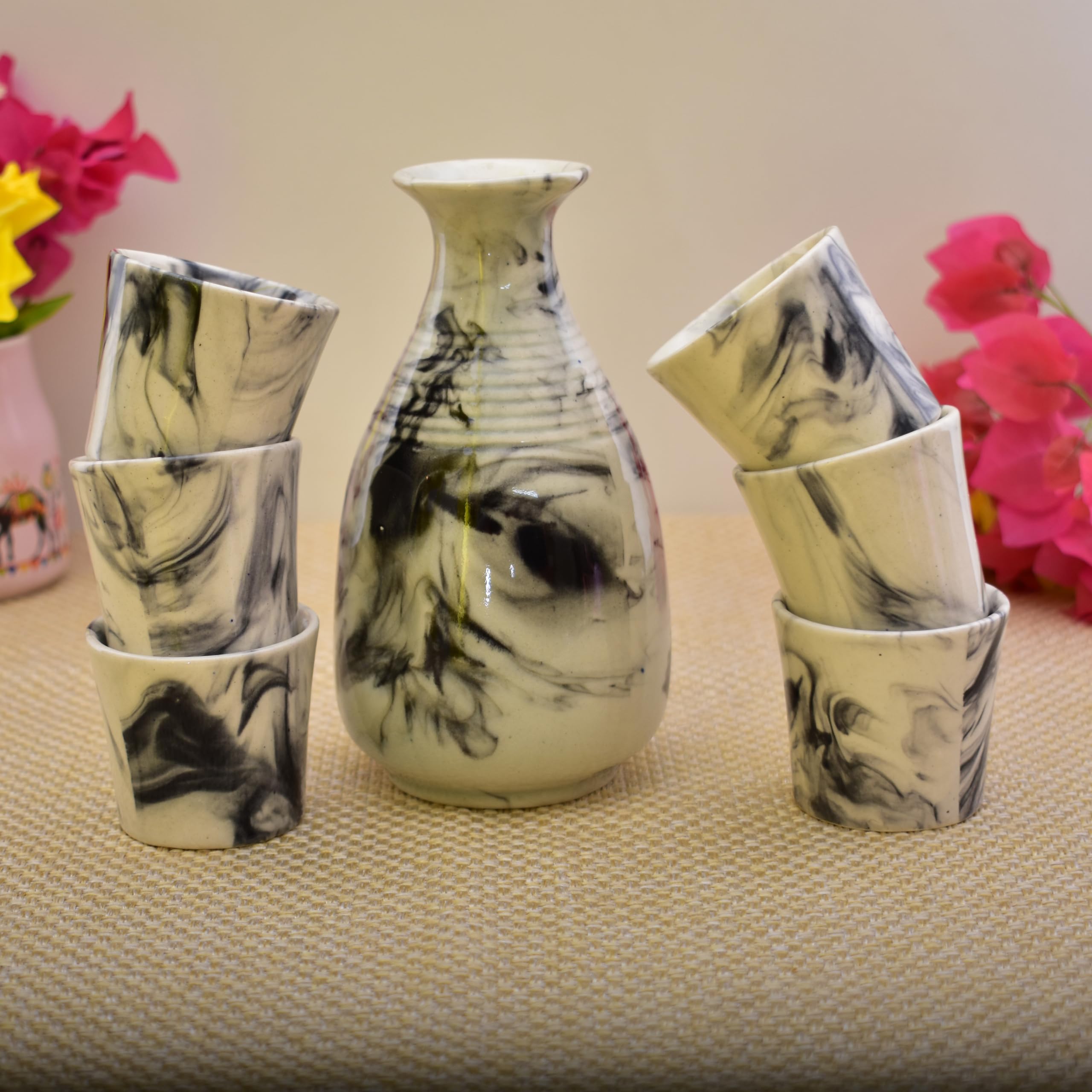 KunhaR Handmade Ceramic Tequila & Whiskey Decanter Set (300 Ml) with 6 Shot Glasses, White Black — product view 1