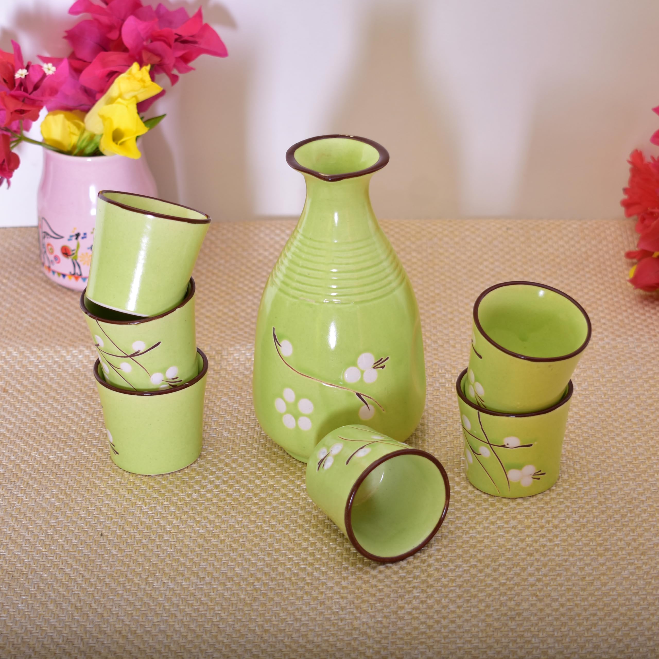 KunhaR Handmade Ceramic Tequila & Whiskey Decanter Set (300 Ml) with 6 Shot Glasses, Green - Image 2