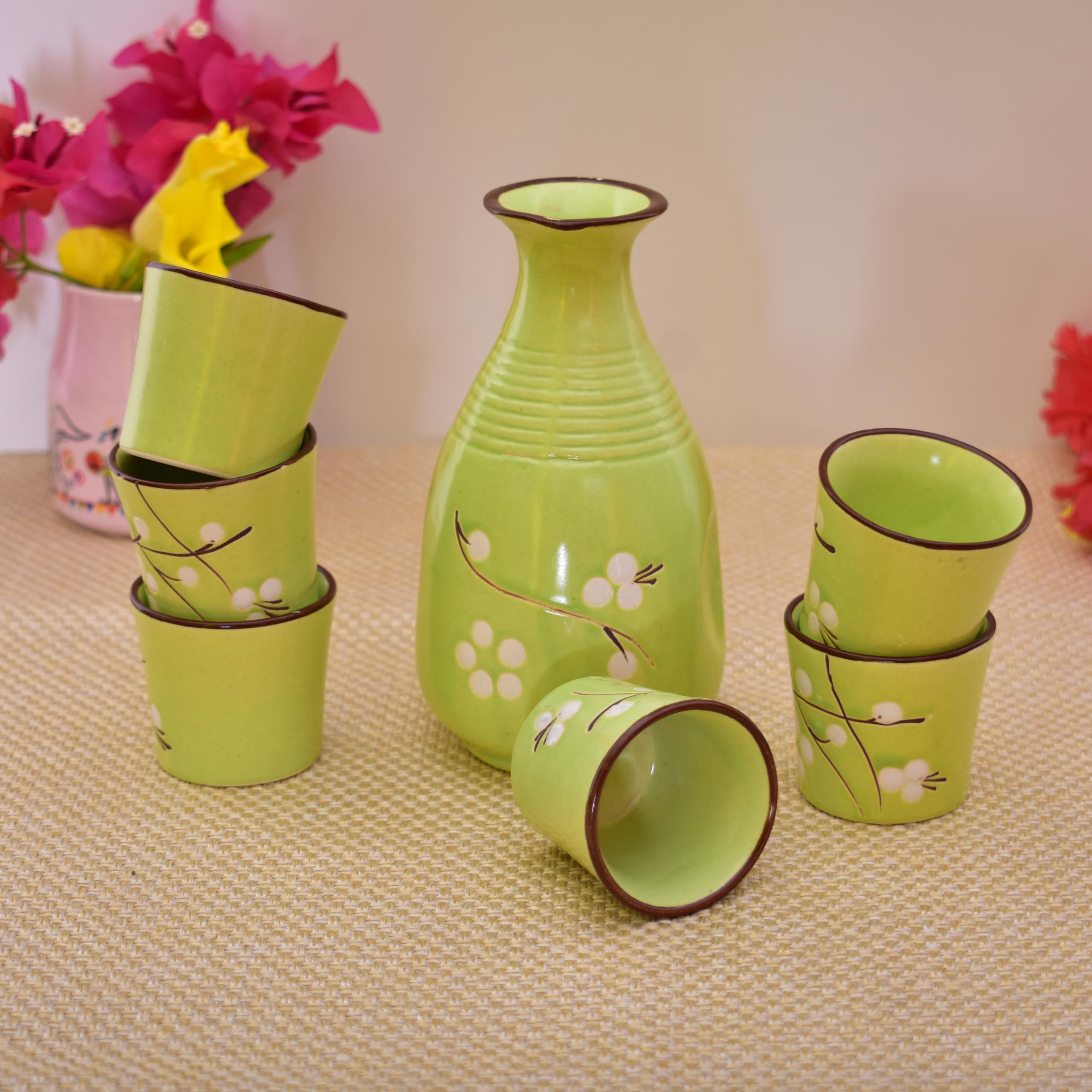 KunhaR Handmade Ceramic Tequila & Whiskey Decanter Set (300 Ml) with 6 Shot Glasses, Green - Image 3