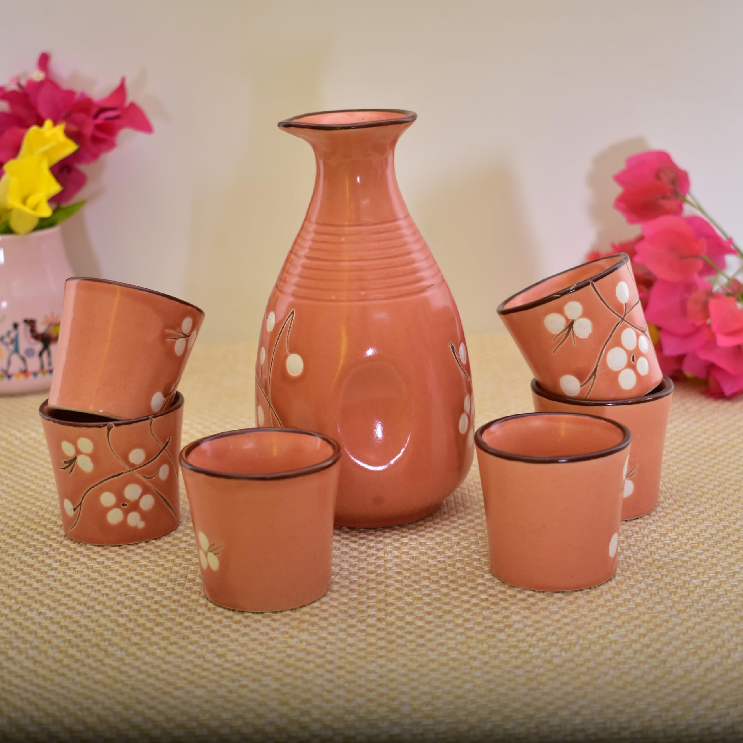 KunhaR Handmade Ceramic Tequila & Whiskey Decanter Set (300 Ml) with 6 Shot Glasses, Peach