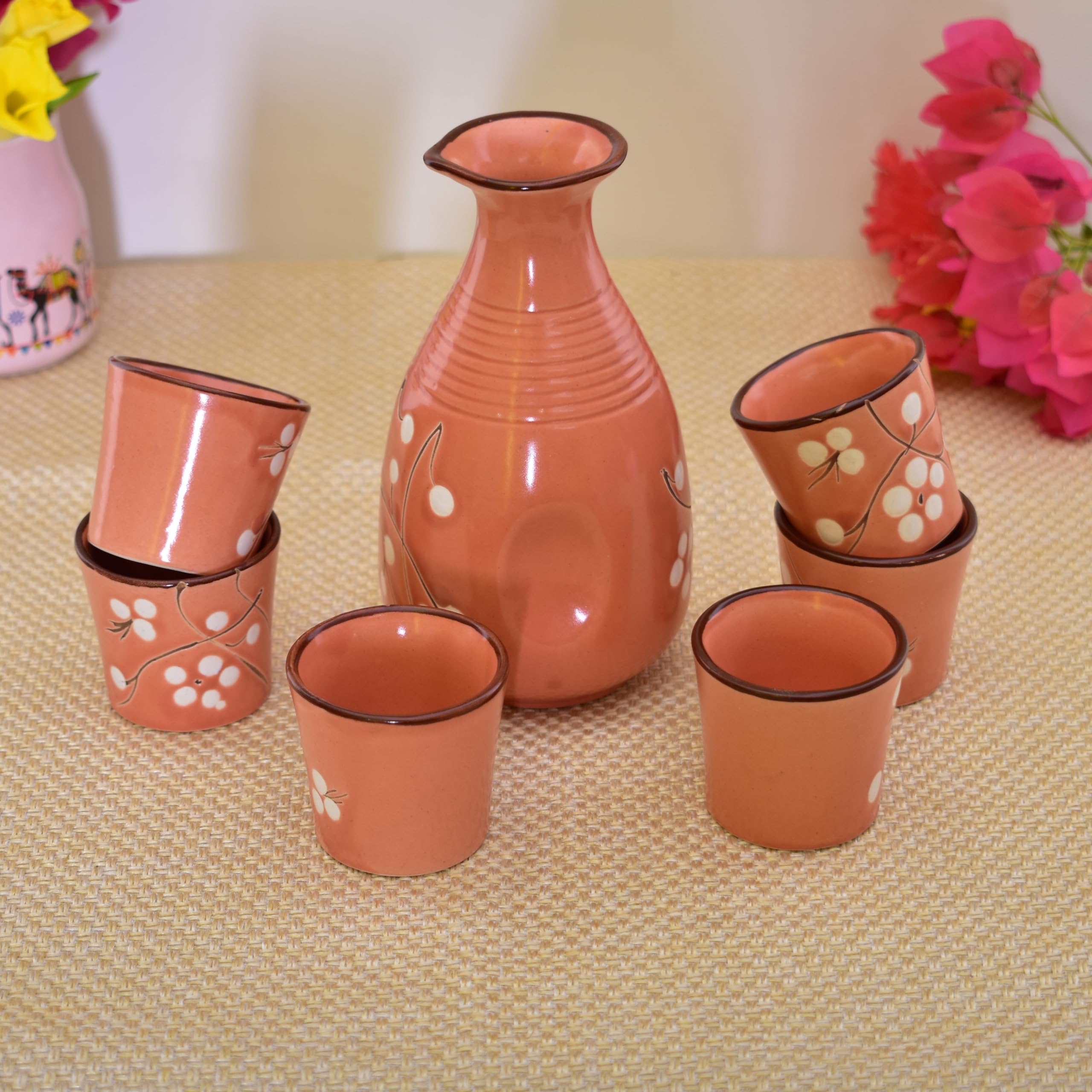 KunhaR Handmade Ceramic Tequila & Whiskey Decanter Set (300 Ml) with 6 Shot Glasses, Peach - Image 2