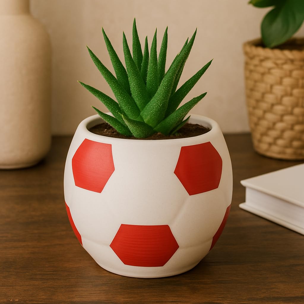 Kunhar Ceramic Football Planter, Football Shape Flower Pot, Without Plant, White Red - Image 2