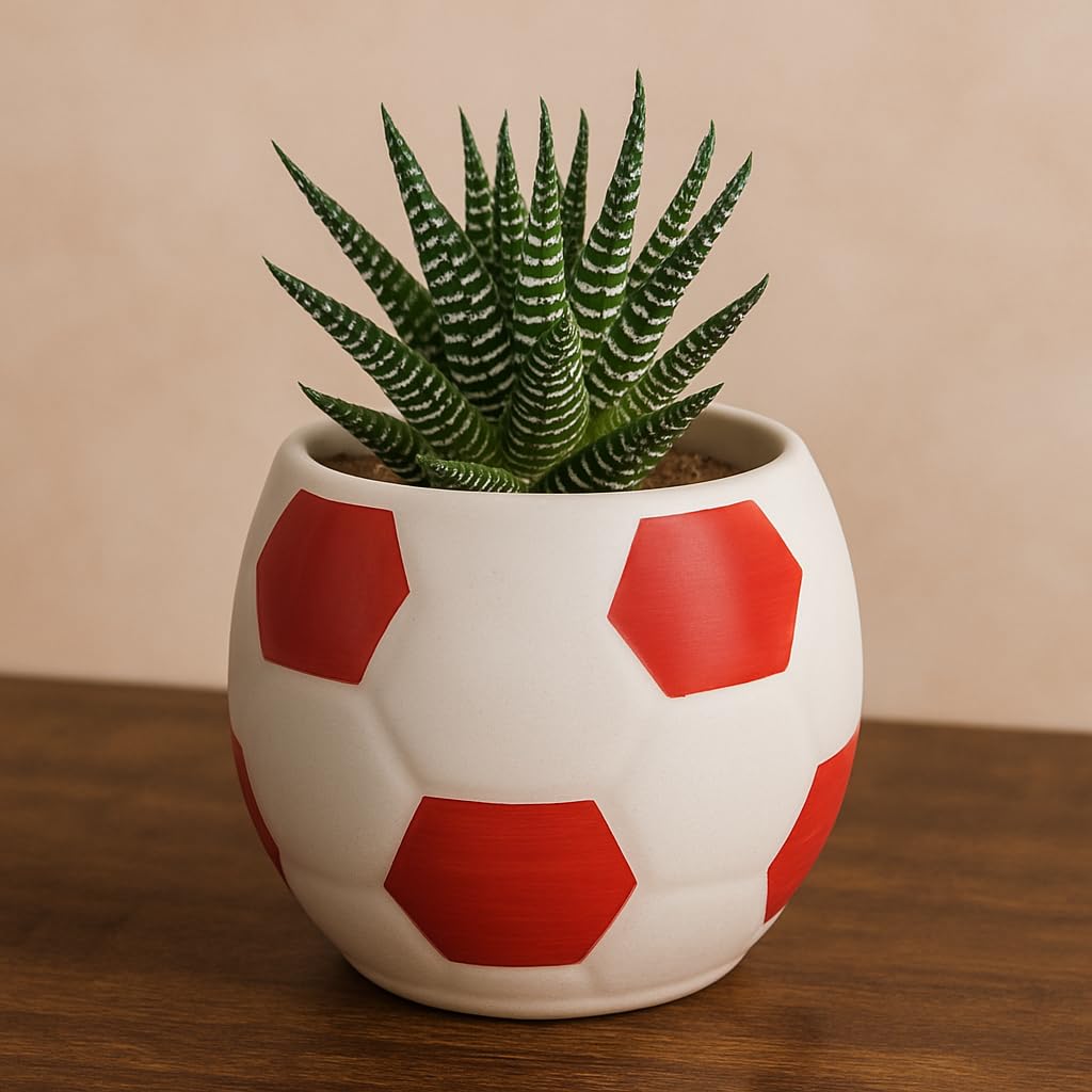 Kunhar Ceramic Football Planter, Football Shape Flower Pot, Without Plant, White Red - Image 3