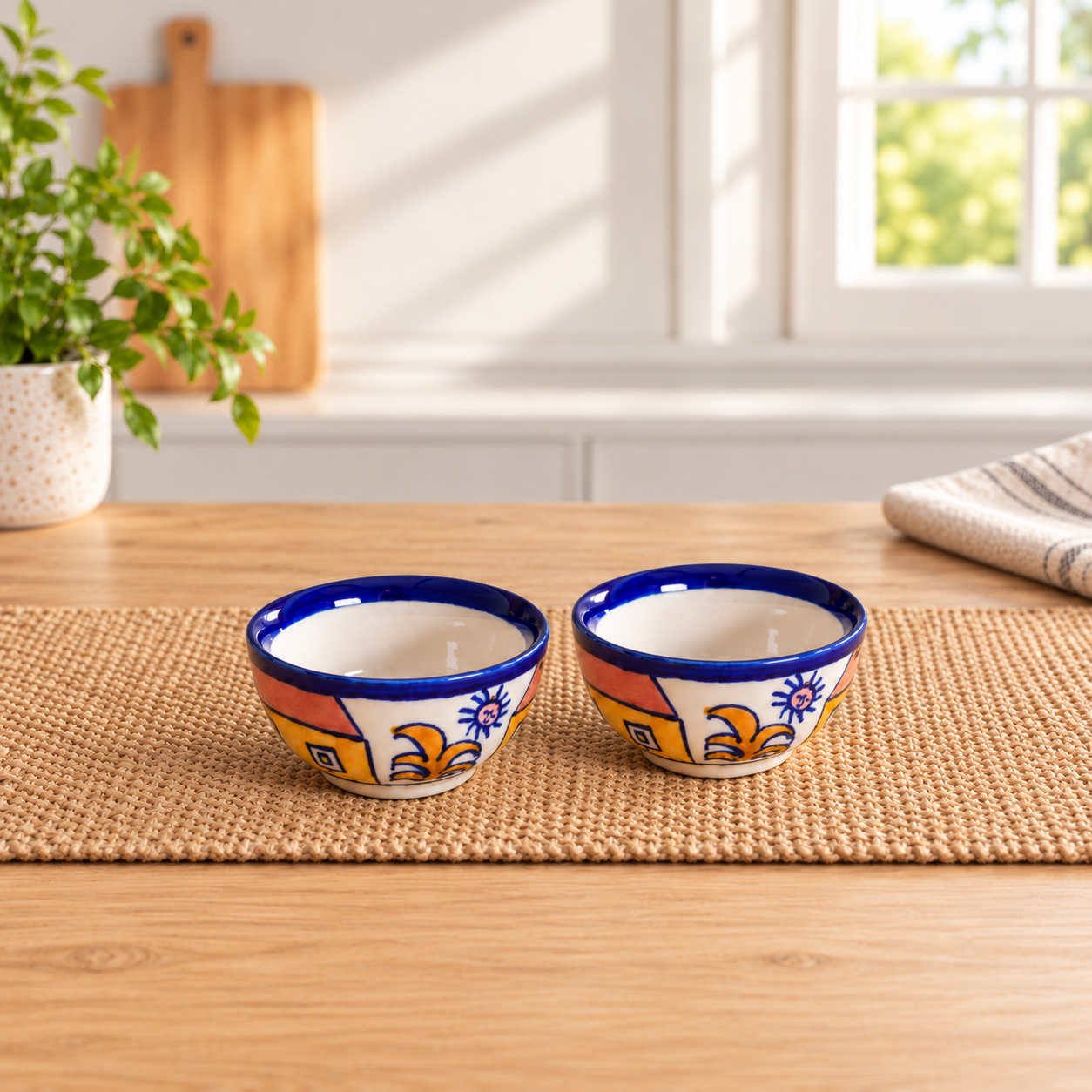 Kunhar Ceramic Dessert Bowls - 150 Ml, 2 Pieces, Hut Painting Multicolor