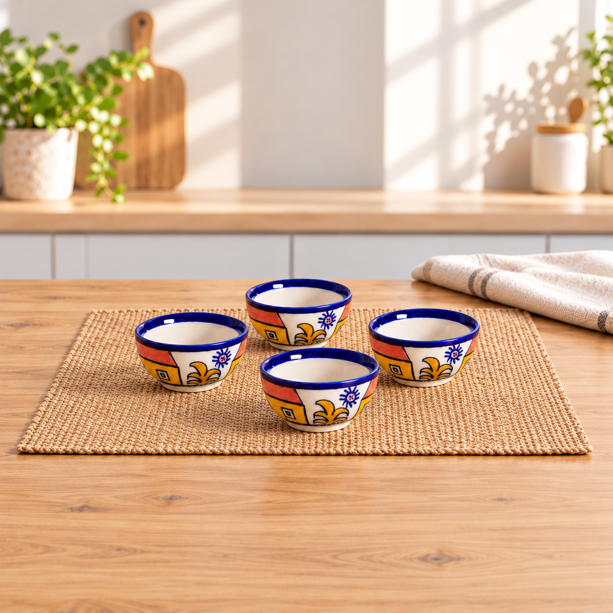 Kunhar Ceramic Dessert Bowls - 150 Ml, 4 Pieces, Hut Painting Multicolor