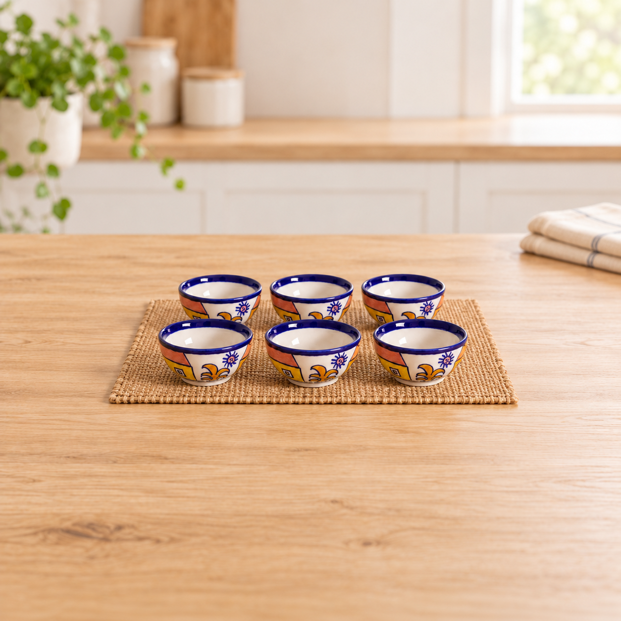 Kunhar Ceramic Dessert Bowls - 150 Ml, 6 Pieces, Hut Painting Multicolor