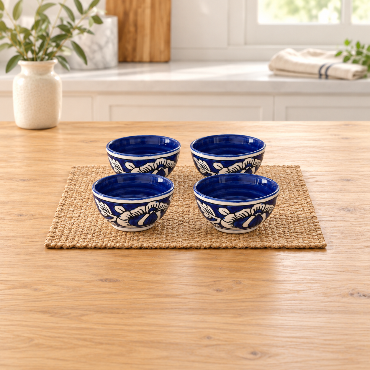 Kunhar Ceramic Blue Mugal Painted Dessert Bowls - 150 Ml, 4 Pieces, Blue Mugal