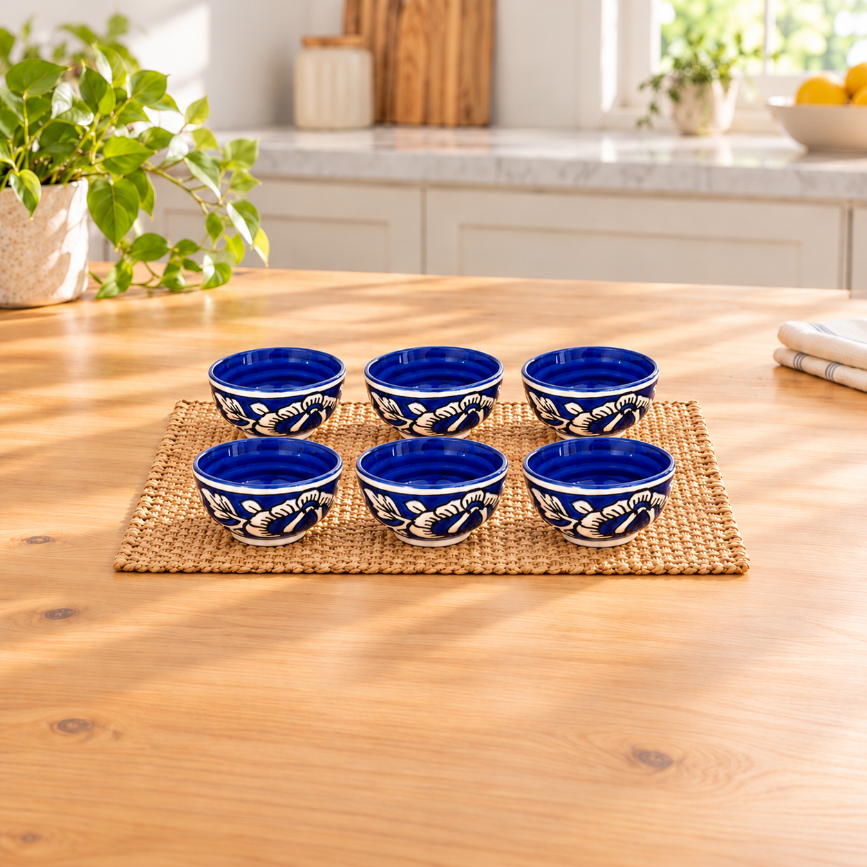 Kunhar Ceramic Blue Mugal Painted Dessert Bowls - 150 Ml, 6 Pieces, Blue Mugal