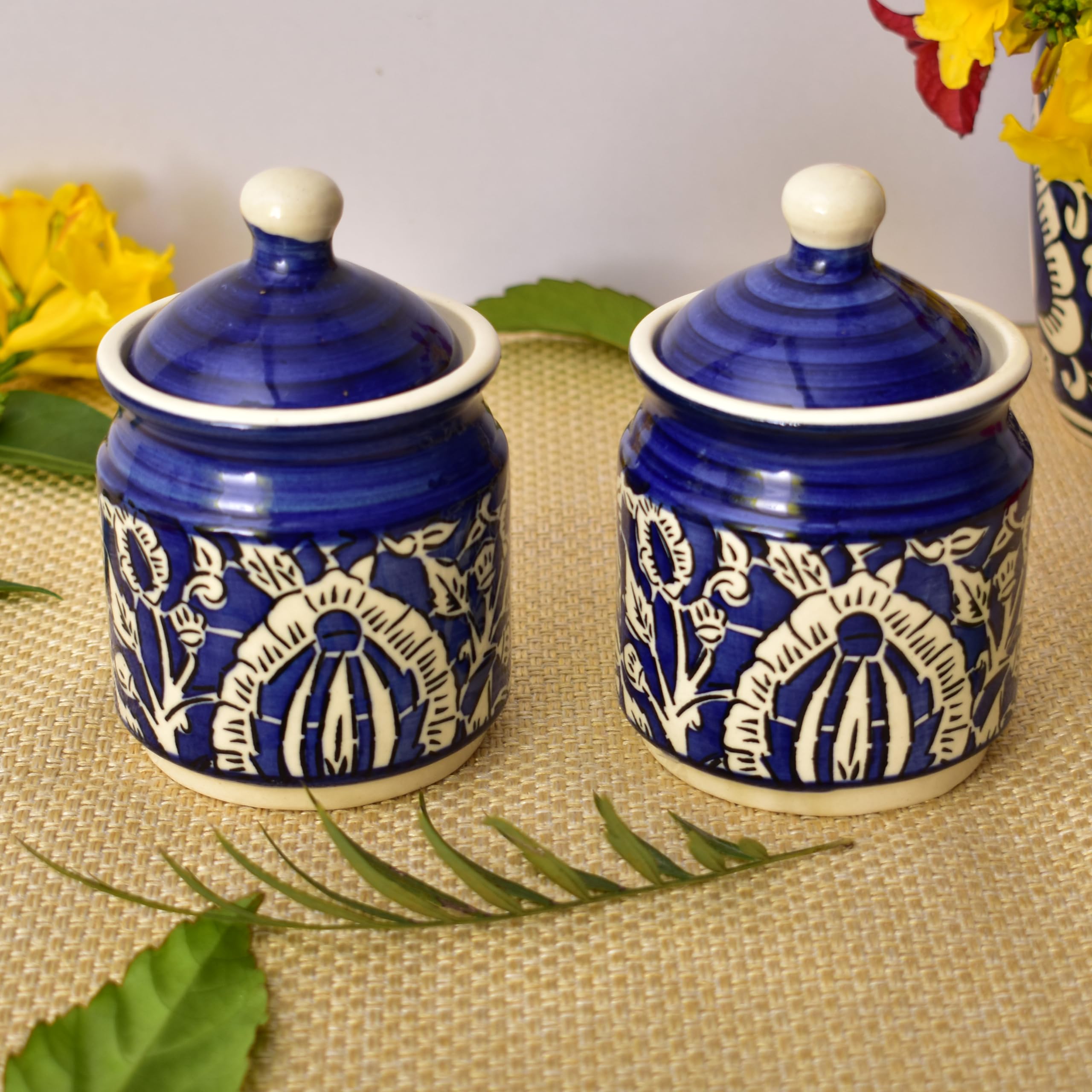 Kunhar Ceramic Multipurpose Jar, Pickle Jars - 200 Ml, 2 Pieces, Blue Mugal Print