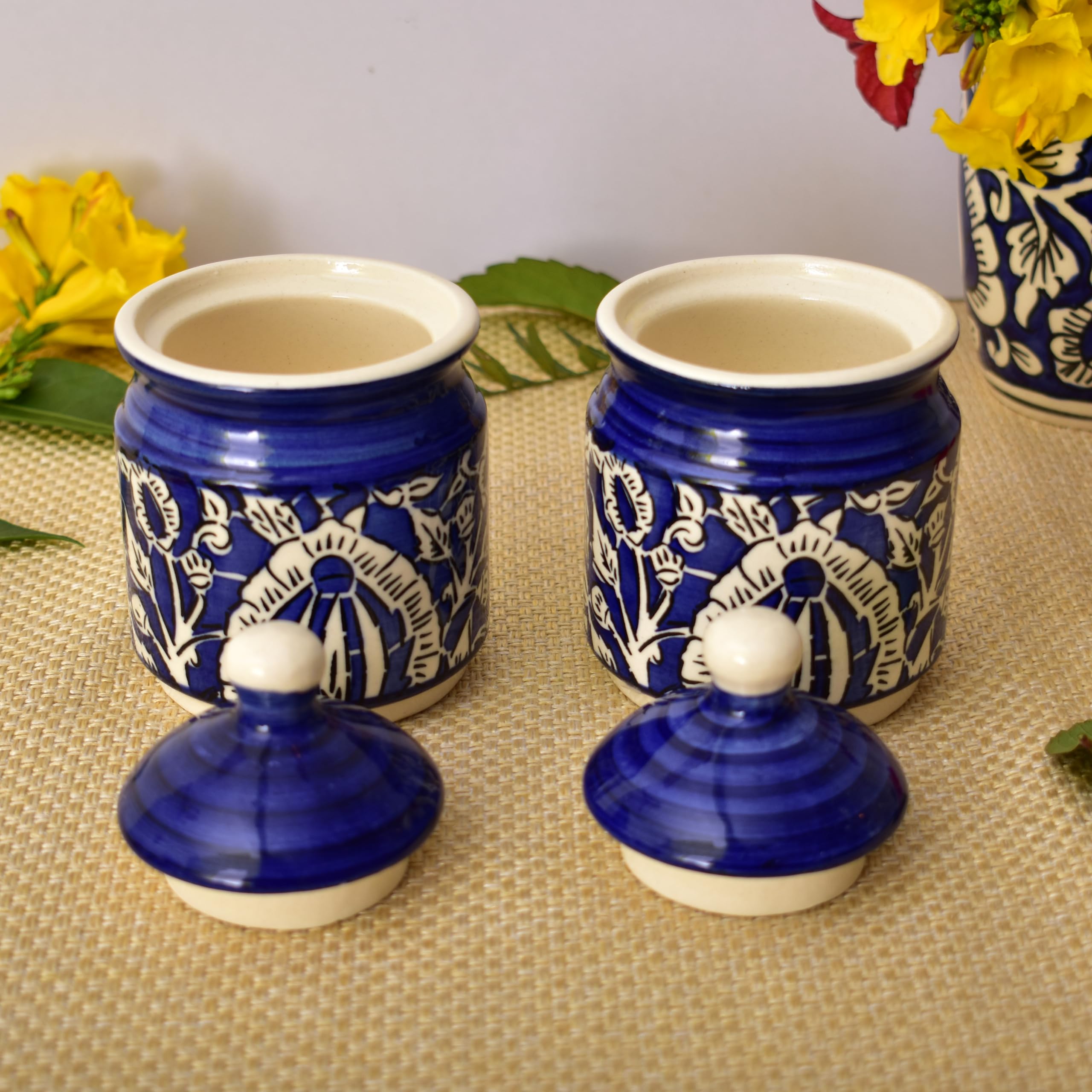 Kunhar Ceramic Multipurpose Jar, Pickle Jars - 200 Ml, 2 Pieces, Blue Mugal Print - Image 3