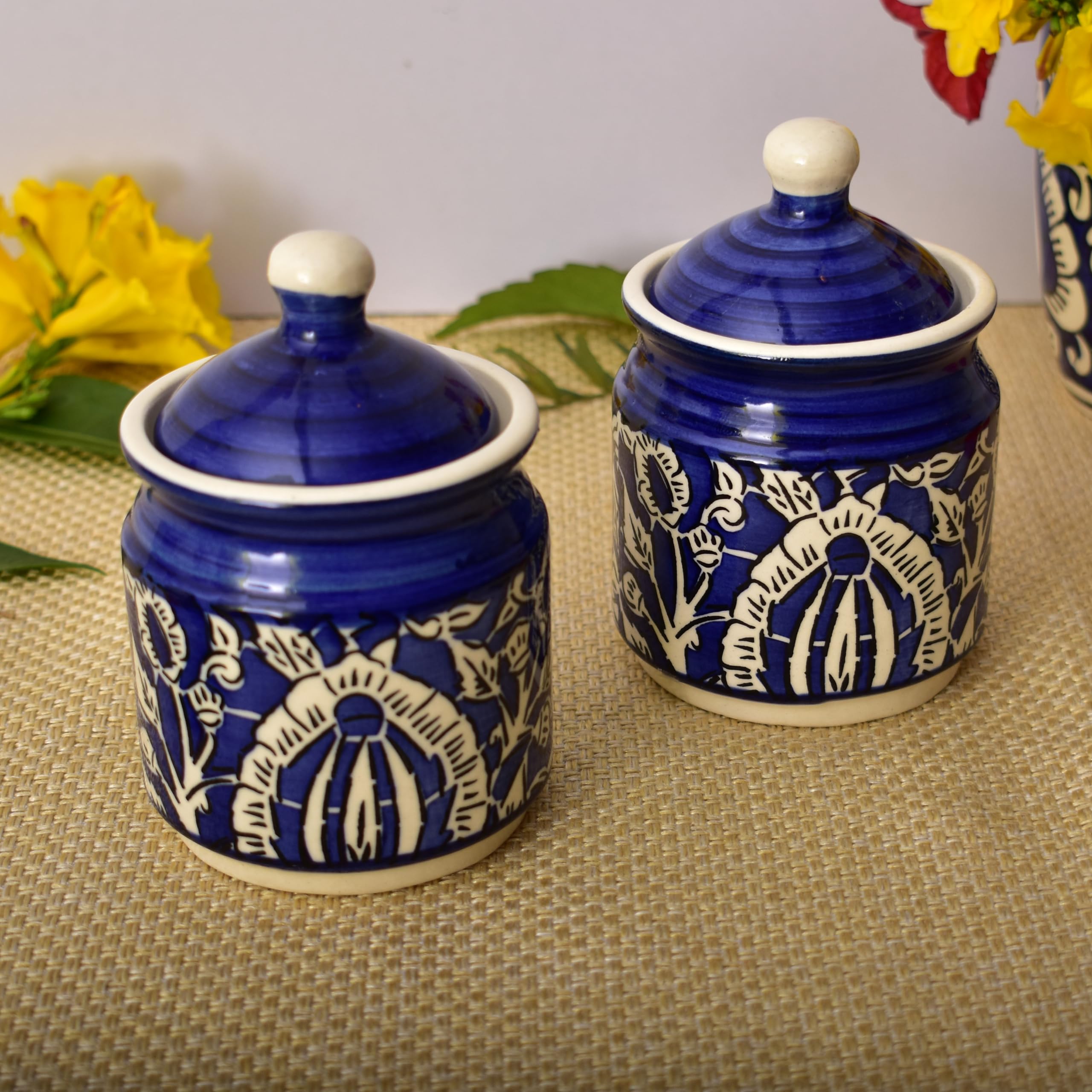 Kunhar Ceramic Multipurpose Jar, Pickle Jars - 200 Ml, 2 Pieces, Blue Mugal Print - Image 4