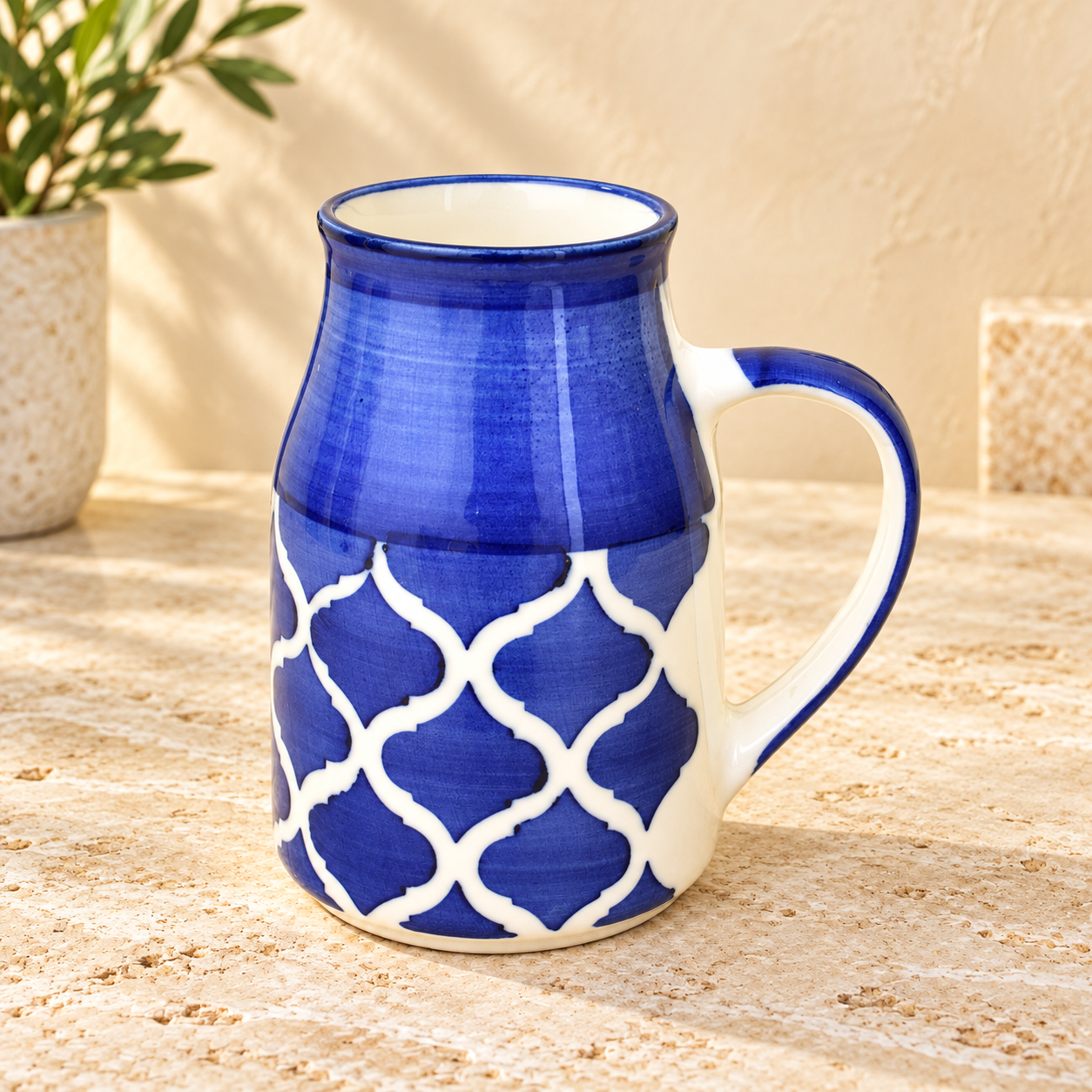 Kunhar Ceramic Coffee Mug, Can Shape, Blue and White, 400 ml, 1 Piece