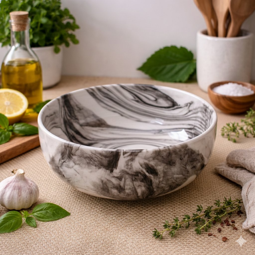 Kunhar Ceramic Mixing Bowl Set – 4 Pieces (1500ml, 800ml, 600ml, 400ml), Marble Color – Durable, Microwave & Dishwasher Safe – Ideal for Mixing, Serving & Storage - Image 2