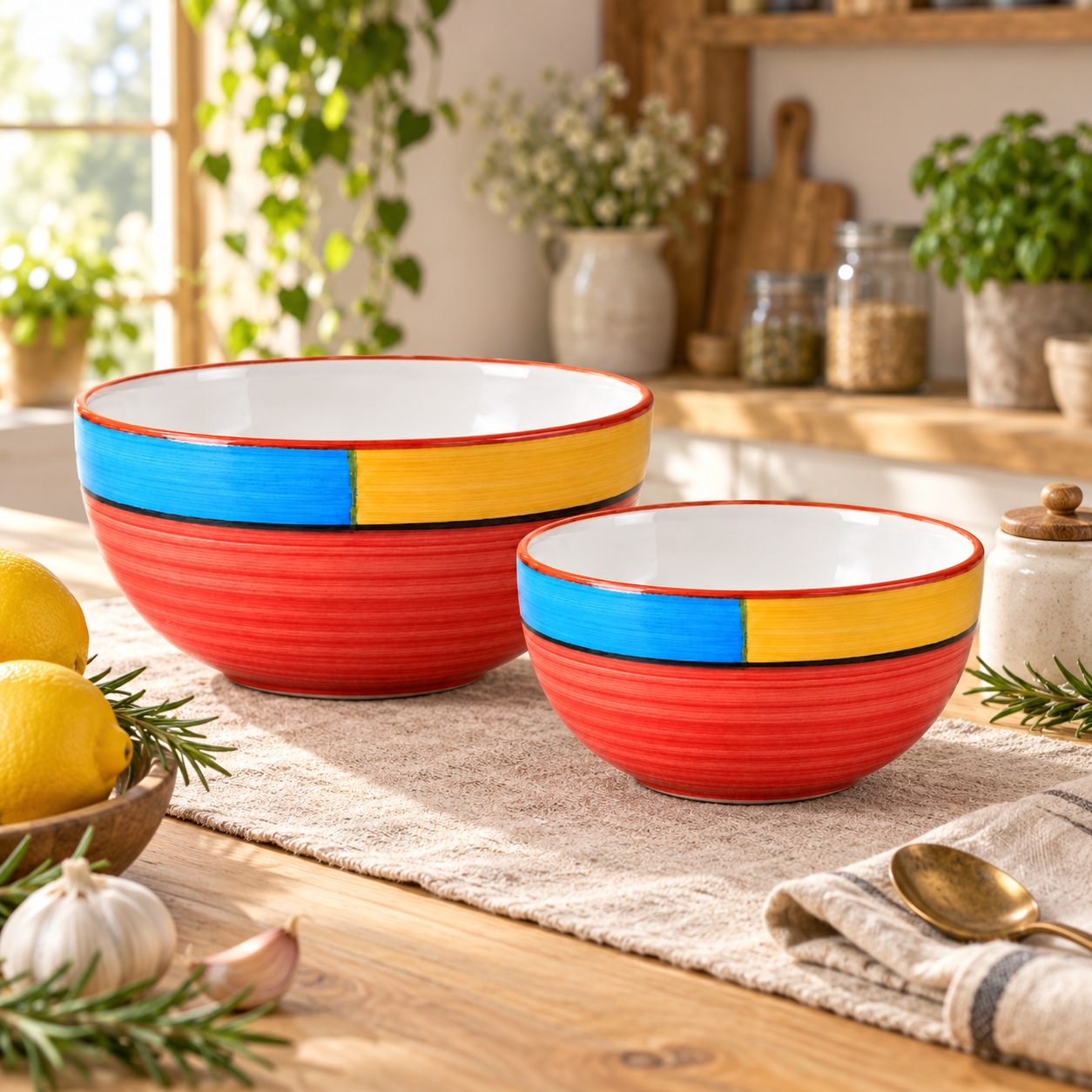 KunhaR Ceramic Mixing Bowl Set, 1500 ml & 800 ml, Red | Set of 2 Nesting Bowls for Mixing, Serving, Salad, Pasta, Snacks & Kitchen Prep