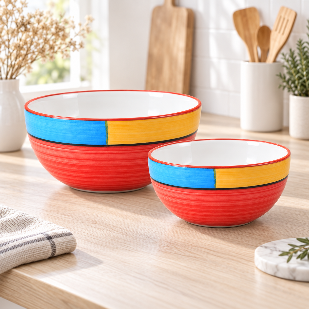 KunhaR Ceramic Mixing Bowl Set, 1500 ml & 800 ml, Red | Set of 2 Nesting Bowls for Mixing, Serving, Salad, Pasta, Snacks & Kitchen Prep