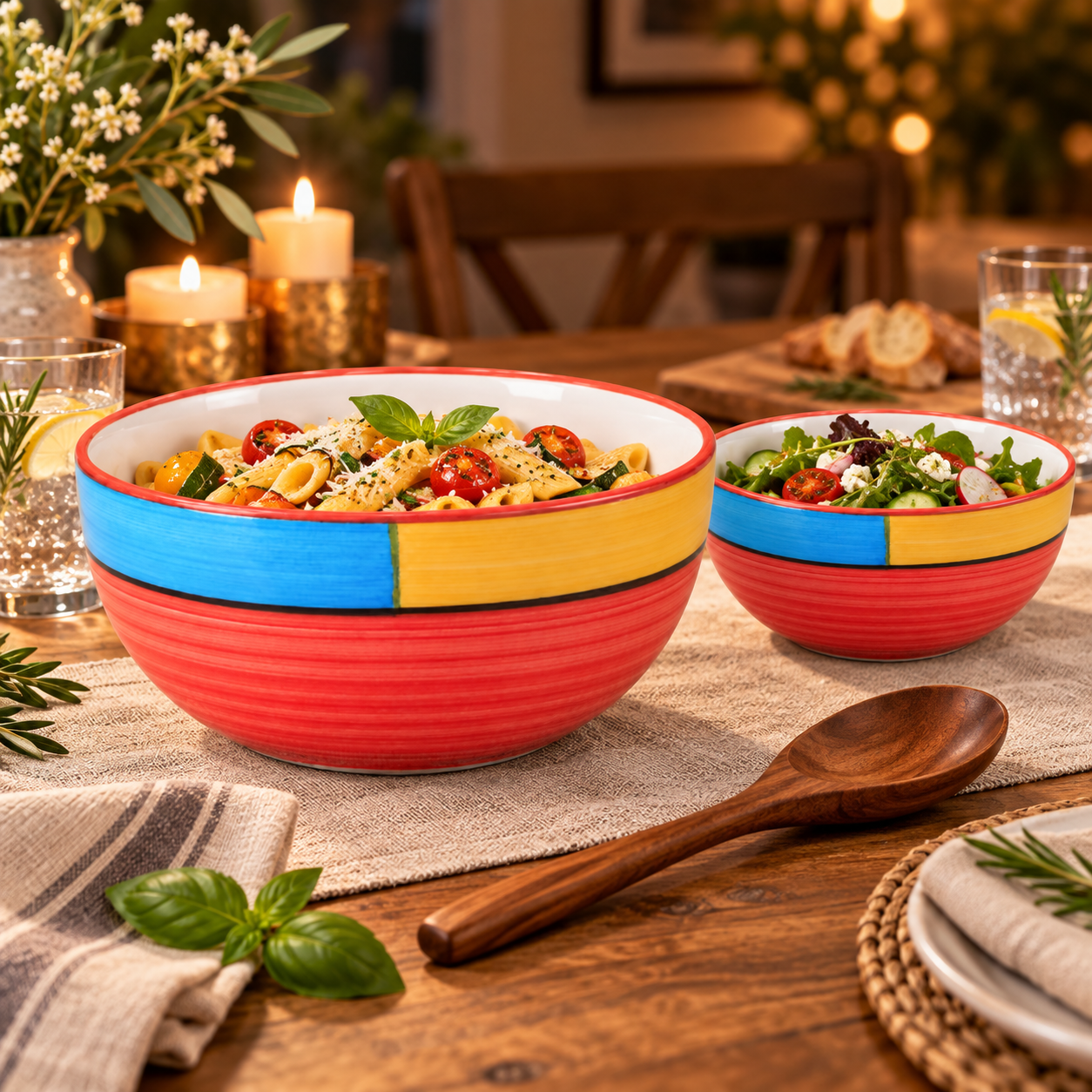 KunhaR Ceramic Mixing Bowl Set, 1500 ml & 800 ml, Red | Set of 2 Nesting Bowls for Mixing, Serving, Salad, Pasta, Snacks & Kitchen Prep