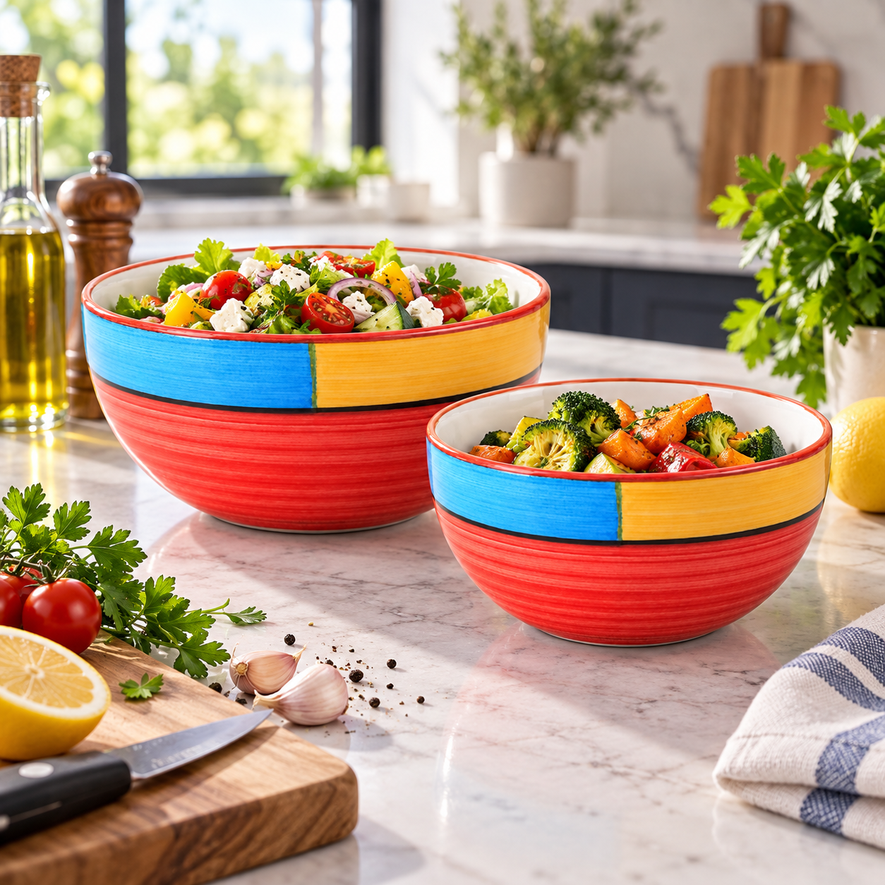 KunhaR Ceramic Mixing Bowl Set, 1500 ml & 800 ml, Red | Set of 2 Nesting Bowls for Mixing, Serving, Salad, Pasta, Snacks & Kitchen Prep