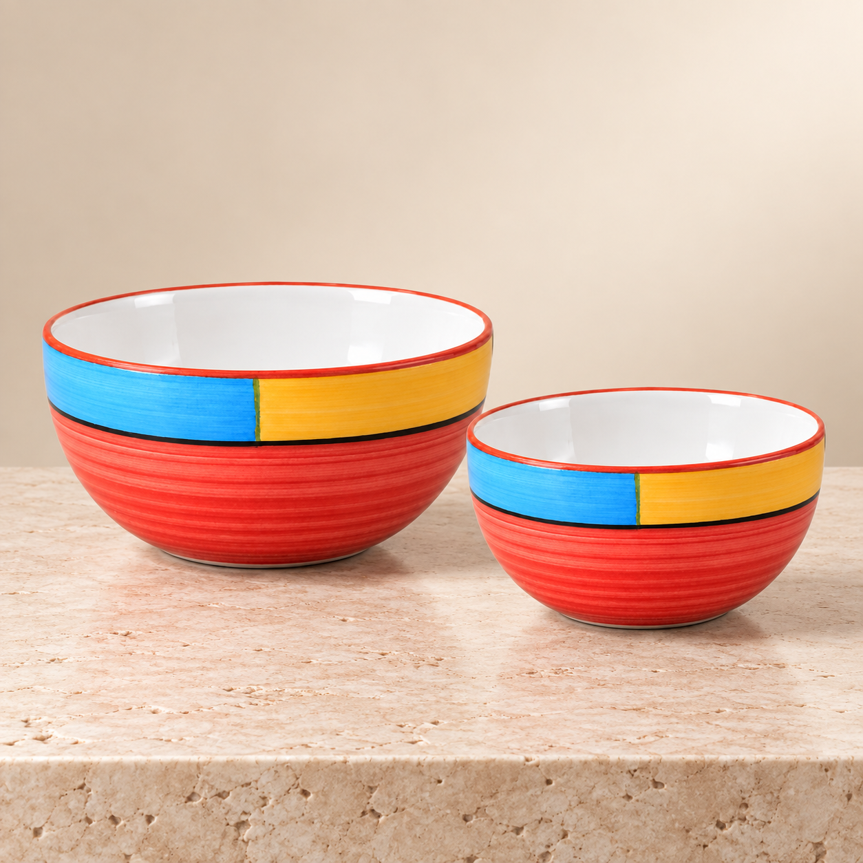 KunhaR Ceramic Mixing Bowl Set, 1500 ml & 800 ml, Red | Set of 2 Nesting Bowls for Mixing, Serving, Salad, Pasta, Snacks & Kitchen Prep