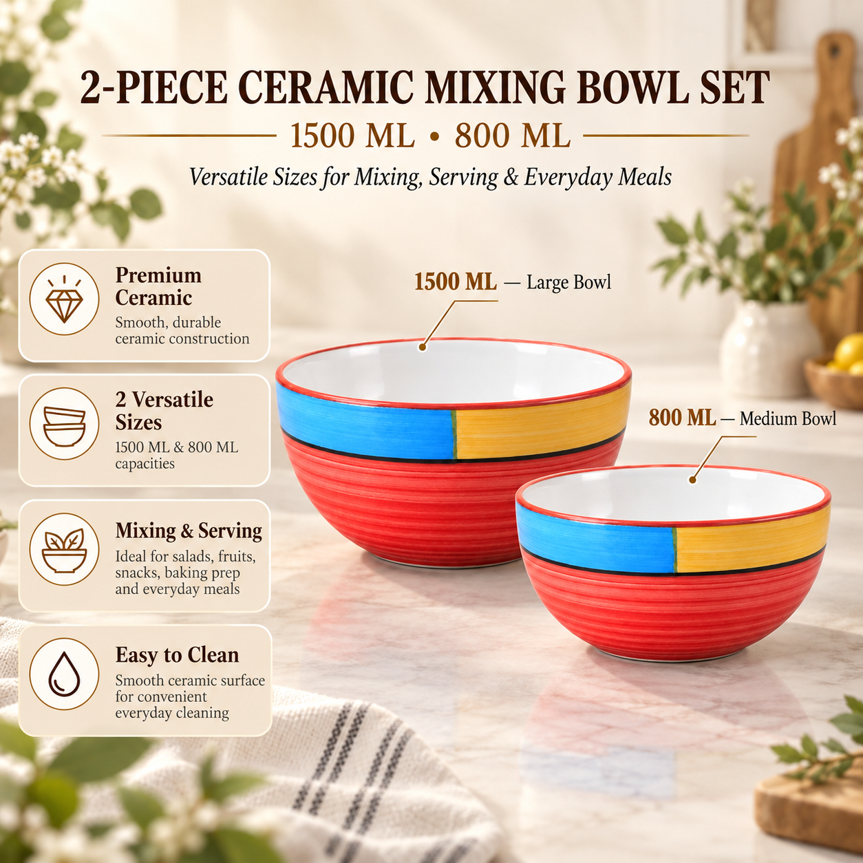 KunhaR Ceramic Mixing Bowl Set, 1500 ml & 800 ml, Red | Set of 2 Nesting Bowls for Mixing, Serving, Salad, Pasta, Snacks & Kitchen Prep