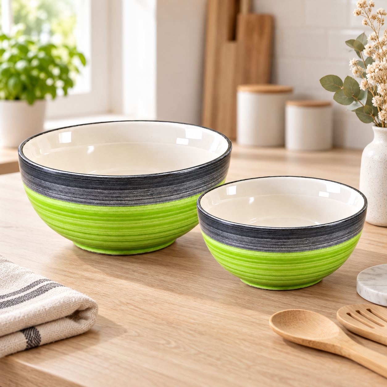 KunhaR Ceramic Mixing Bowl Set, 1500 ml & 800 ml, Green Grey | Set of 2 Nesting Bowls for Mixing, Serving, Salad, Pasta, Snacks & Kitchen Prep - Image 2