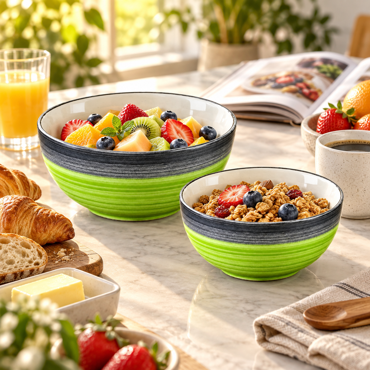 KunhaR Ceramic Mixing Bowl Set, 1500 ml & 800 ml, Green Grey | Set of 2 Nesting Bowls for Mixing, Serving, Salad, Pasta, Snacks & Kitchen Prep - Image 3