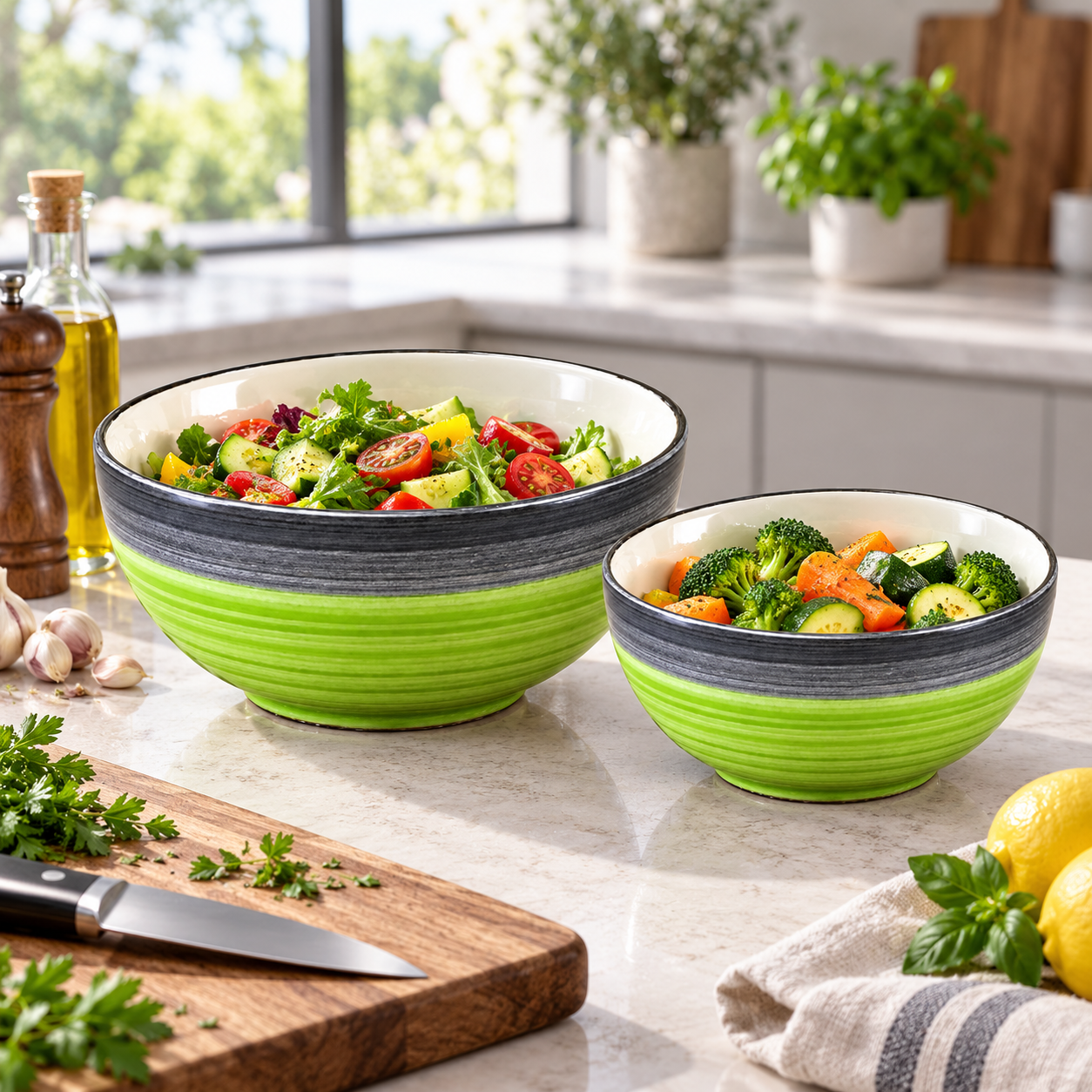 KunhaR Ceramic Mixing Bowl Set, 1500 ml & 800 ml, Green Grey | Set of 2 Nesting Bowls for Mixing, Serving, Salad, Pasta, Snacks & Kitchen Prep - Image 4