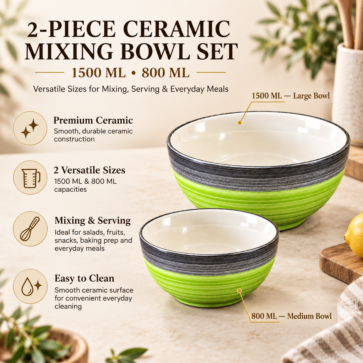 KunhaR Ceramic Mixing Bowl Set, 1500 ml & 800 ml, Green Grey | Set of 2 Nesting Bowls for Mixing, Serving, Salad, Pasta, Snacks & Kitchen Prep - Image 7