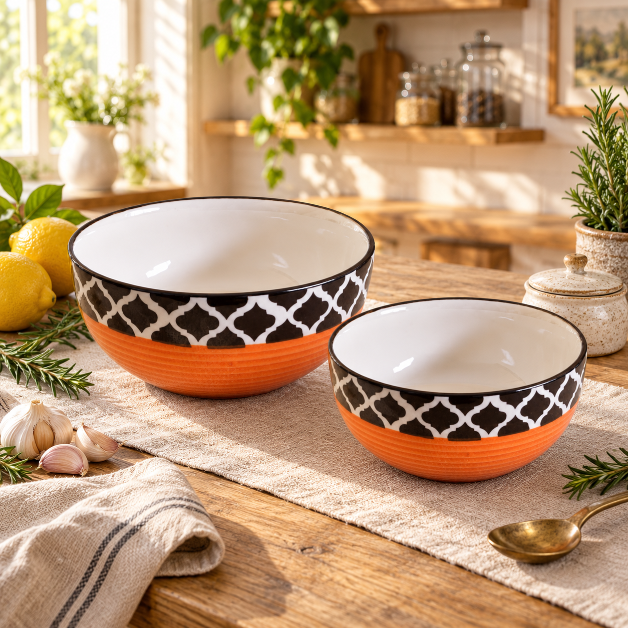 KunhaR Ceramic Mixing Bowl Set, 1500 ml & 800 ml, Red Chidi | Set of 2 Nesting Bowls for Mixing, Serving, Salad, Pasta, Snacks & Kitchen Prep