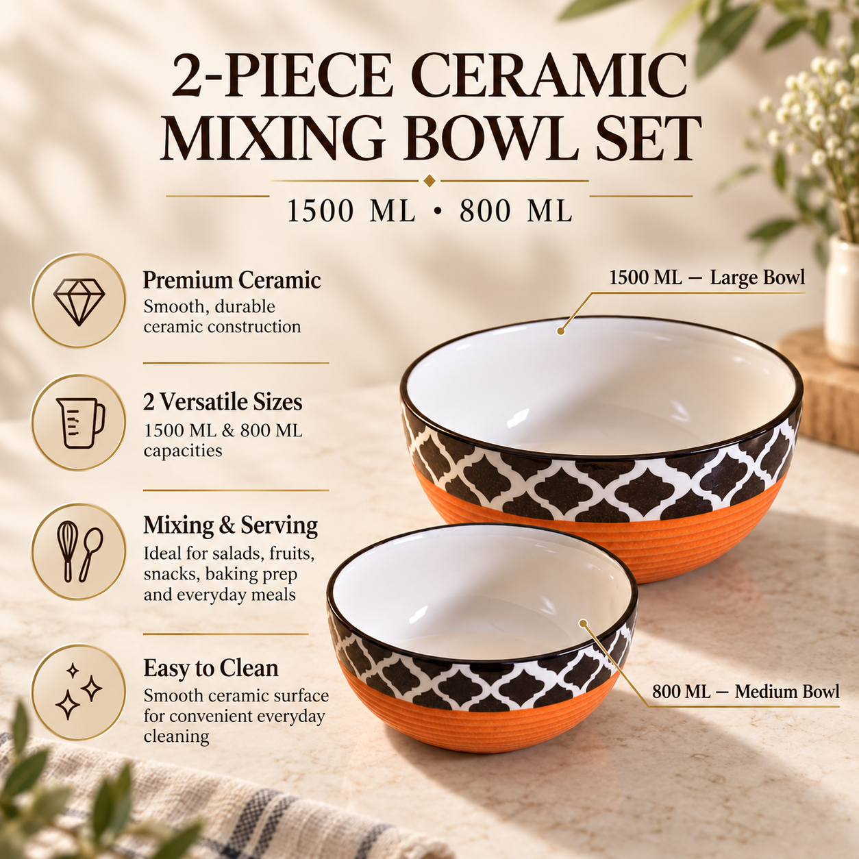 KunhaR Ceramic Mixing Bowl Set, 1500 ml & 800 ml, Red Chidi | Set of 2 Nesting Bowls for Mixing, Serving, Salad, Pasta, Snacks & Kitchen Prep - Image 6