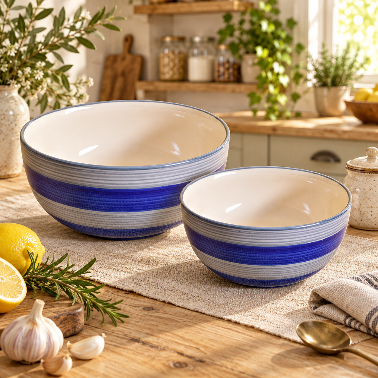 KunhaR Ceramic Mixing Bowl Set, 1500 ml & 800 ml, Monsoon | Set of 2 Nesting Bowls for Mixing, Serving, Salad, Pasta, Snacks & Kitchen Prep