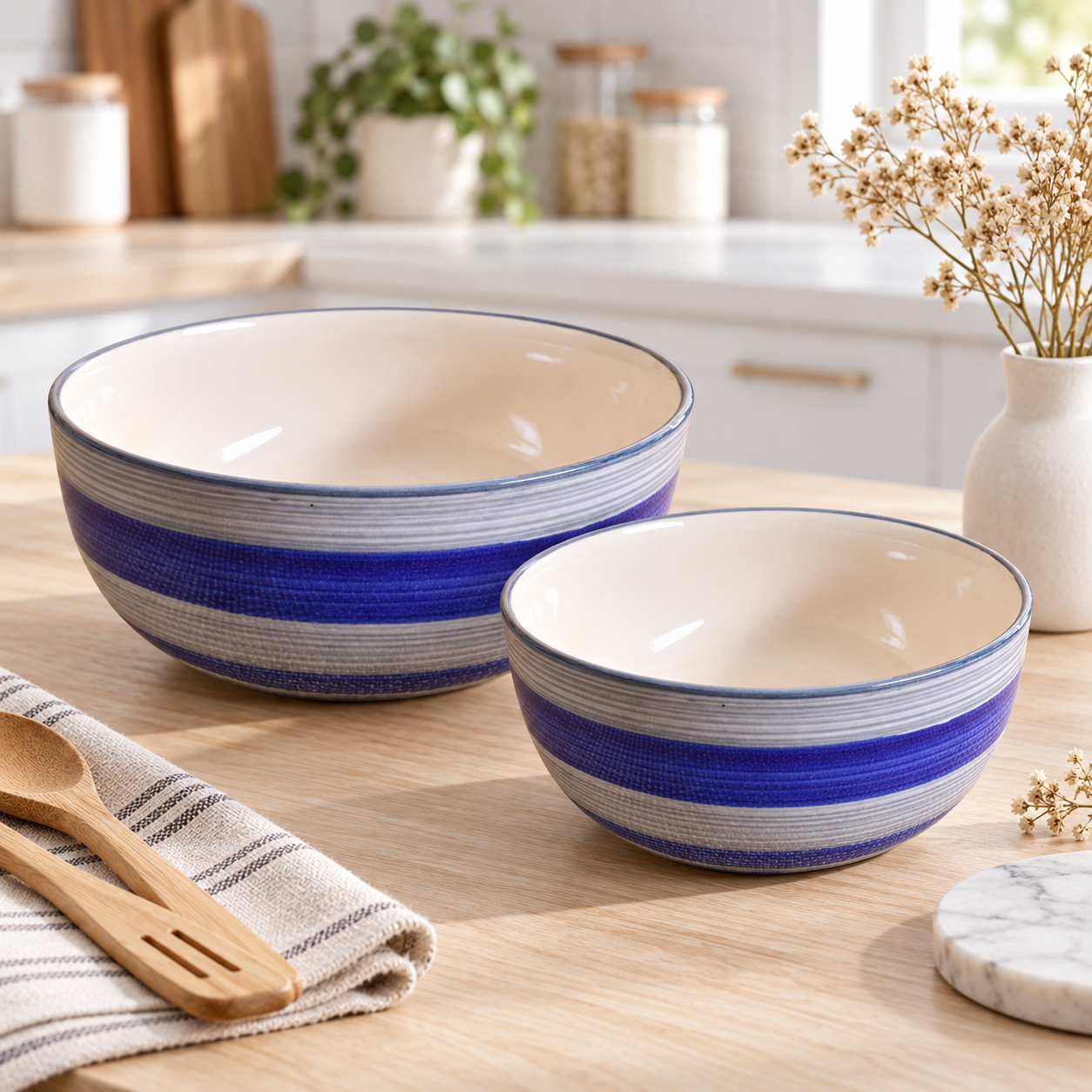 KunhaR Ceramic Mixing Bowl Set, 1500 ml & 800 ml, Monsoon | Set of 2 Nesting Bowls for Mixing, Serving, Salad, Pasta, Snacks & Kitchen Prep - Image 2