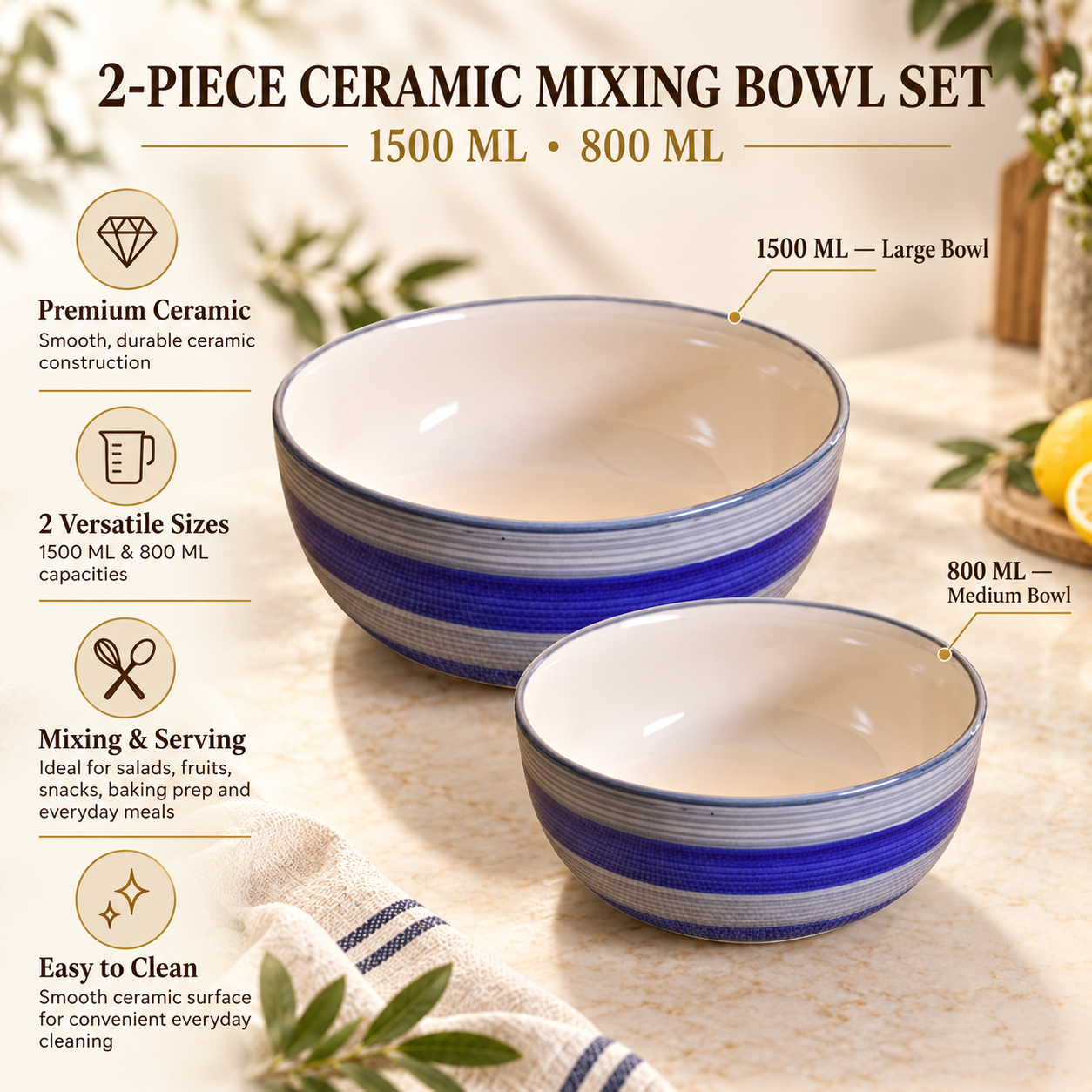 KunhaR Ceramic Mixing Bowl Set, 1500 ml & 800 ml, Monsoon | Set of 2 Nesting Bowls for Mixing, Serving, Salad, Pasta, Snacks & Kitchen Prep - Image 7