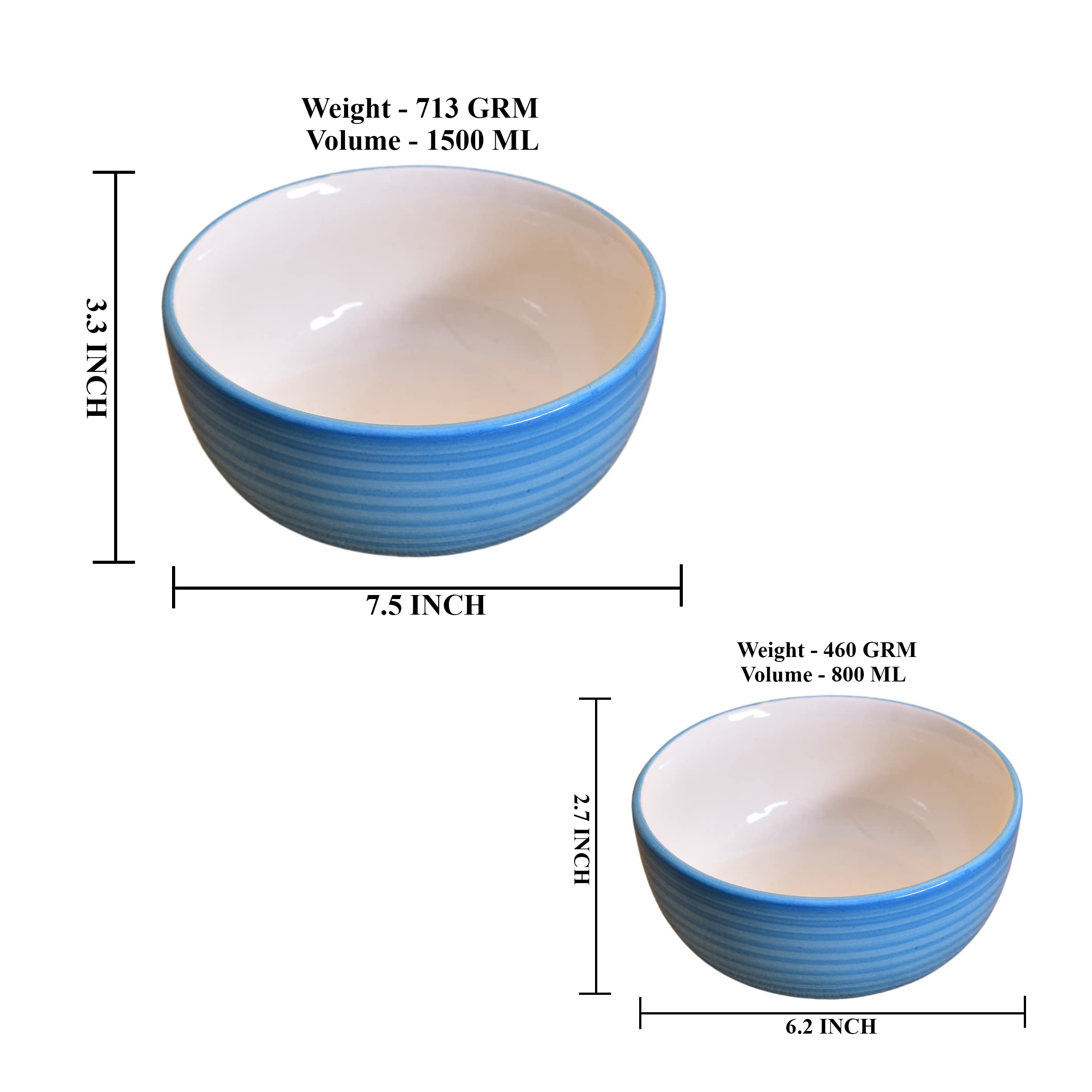 Kunhar Ceramic Mixing Bowls - 1500 Ml and 800 Ml, 2 Pieces, Crystal Blue - Image 2