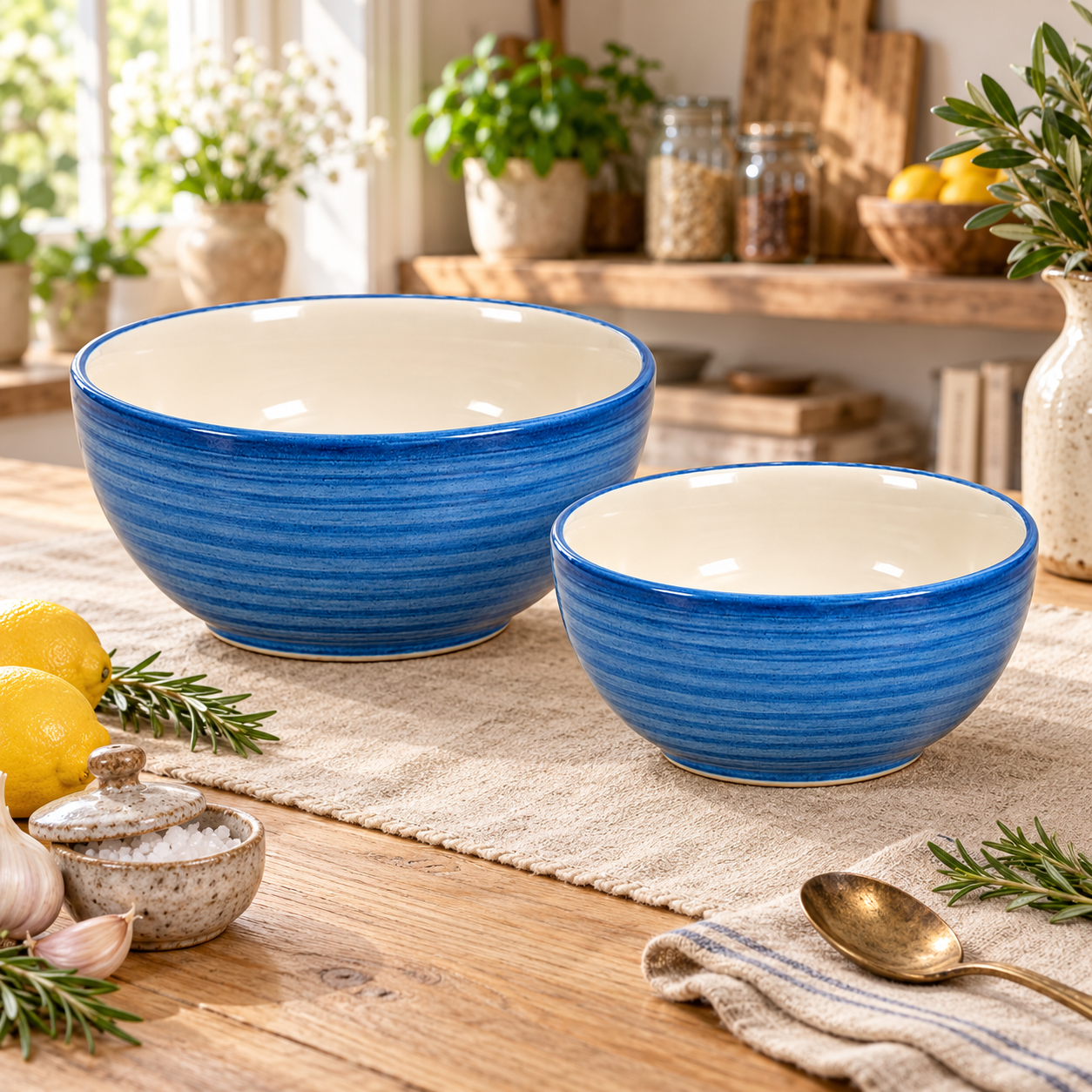 KunhaR Ceramic Mixing Bowl Set, 1500 ml & 800 ml, Crystal Blue | Set of 2 Nesting Bowls for Mixing, Serving, Salad, Pasta, Snacks & Kitchen Prep