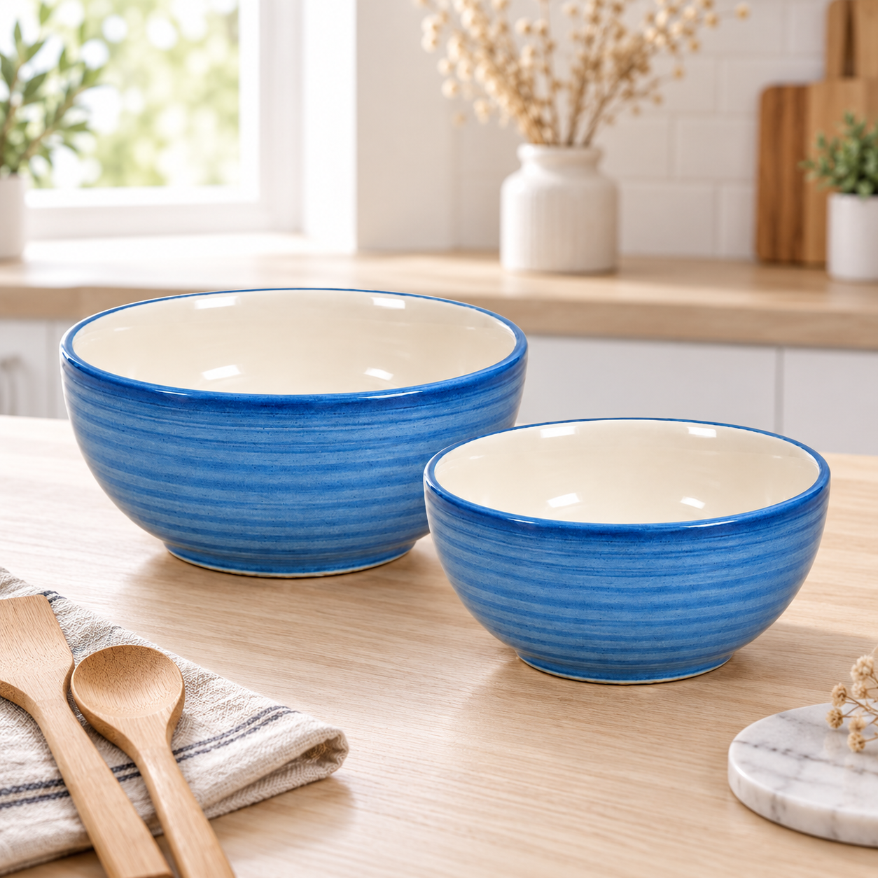 KunhaR Ceramic Mixing Bowl Set, 1500 ml & 800 ml, Crystal Blue | Set of 2 Nesting Bowls for Mixing, Serving, Salad, Pasta, Snacks & Kitchen Prep - Image 2