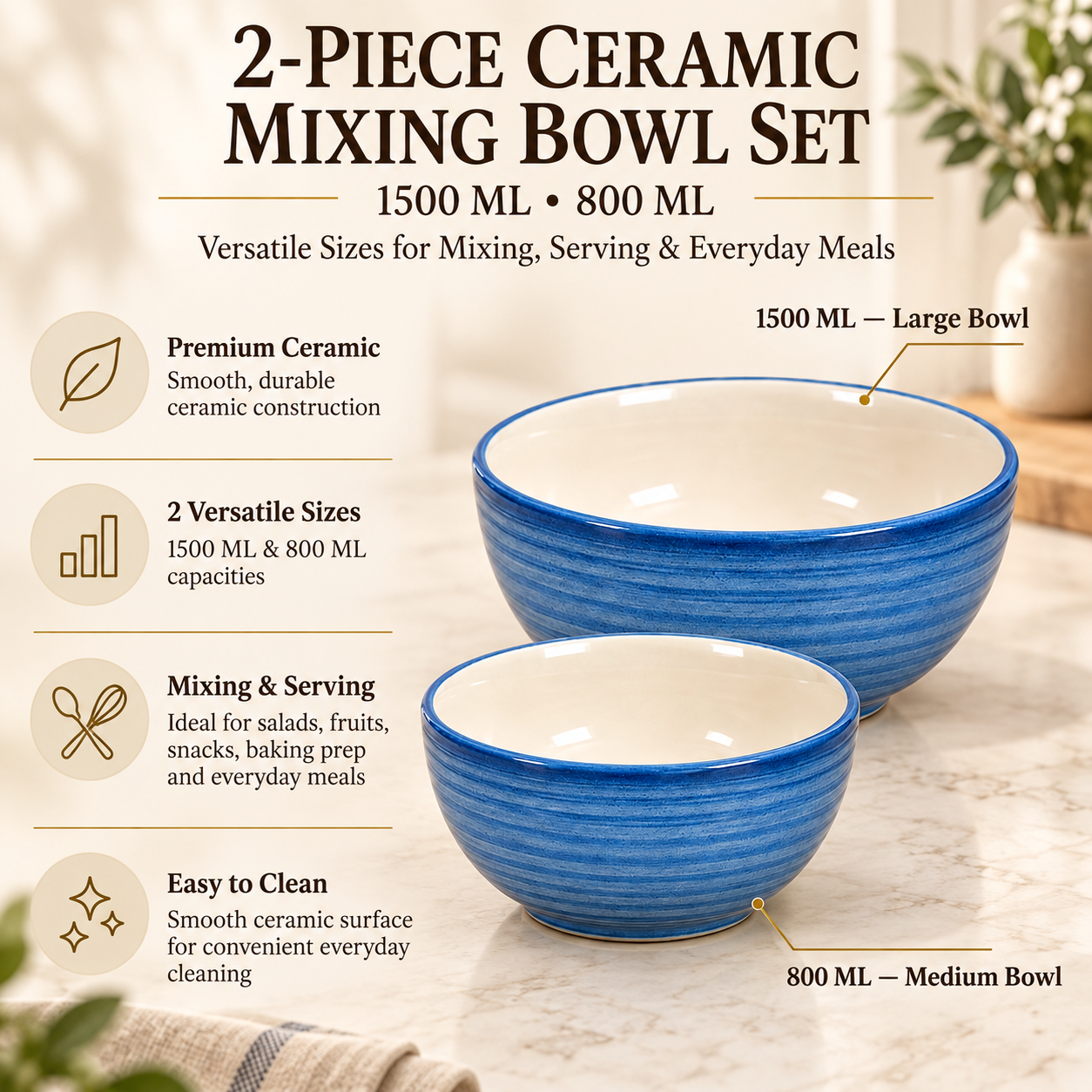 KunhaR Ceramic Mixing Bowl Set, 1500 ml & 800 ml, Crystal Blue | Set of 2 Nesting Bowls for Mixing, Serving, Salad, Pasta, Snacks & Kitchen Prep - Image 7