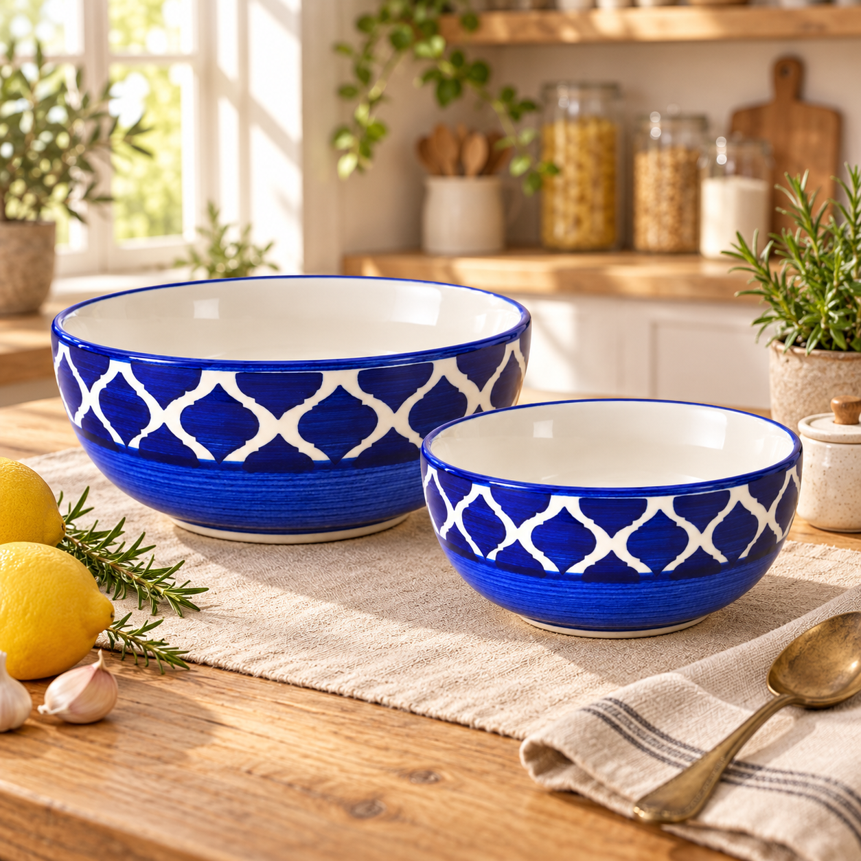 KunhaR Ceramic Mixing Bowl Set, 1500 ml & 800 ml, Blue Chidi | Set of 2 Nesting Bowls for Mixing, Serving, Salad, Pasta, Snacks & Kitchen Prep