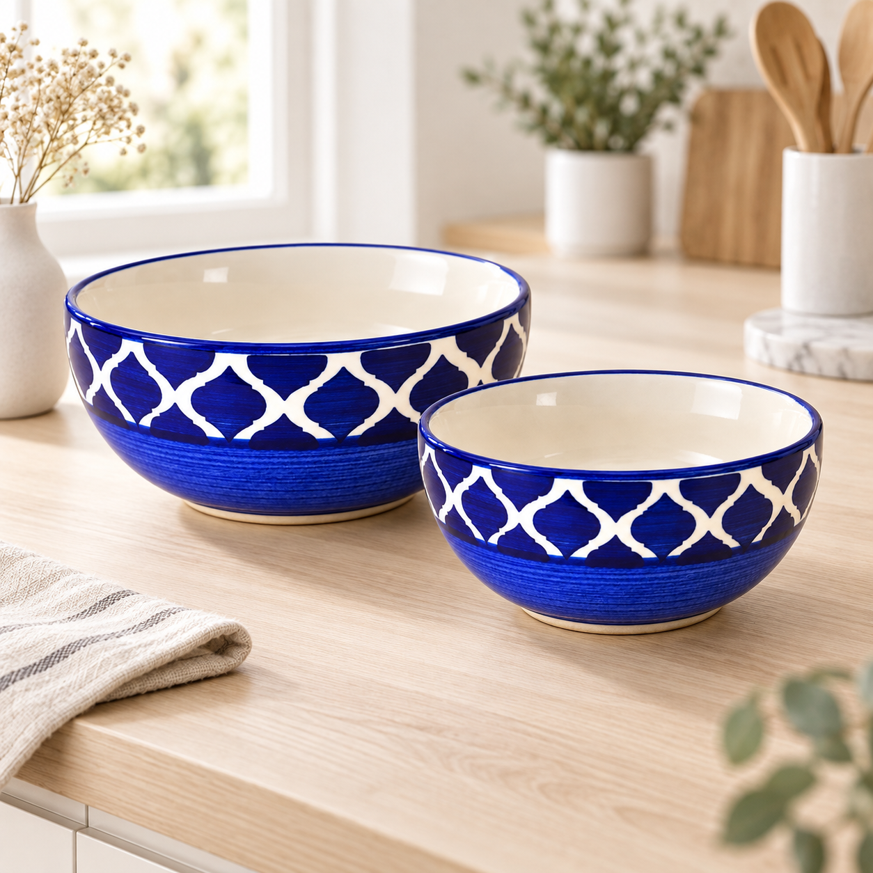 KunhaR Ceramic Mixing Bowl Set, 1500 ml & 800 ml, Blue Chidi | Set of 2 Nesting Bowls for Mixing, Serving, Salad, Pasta, Snacks & Kitchen Prep - Image 2