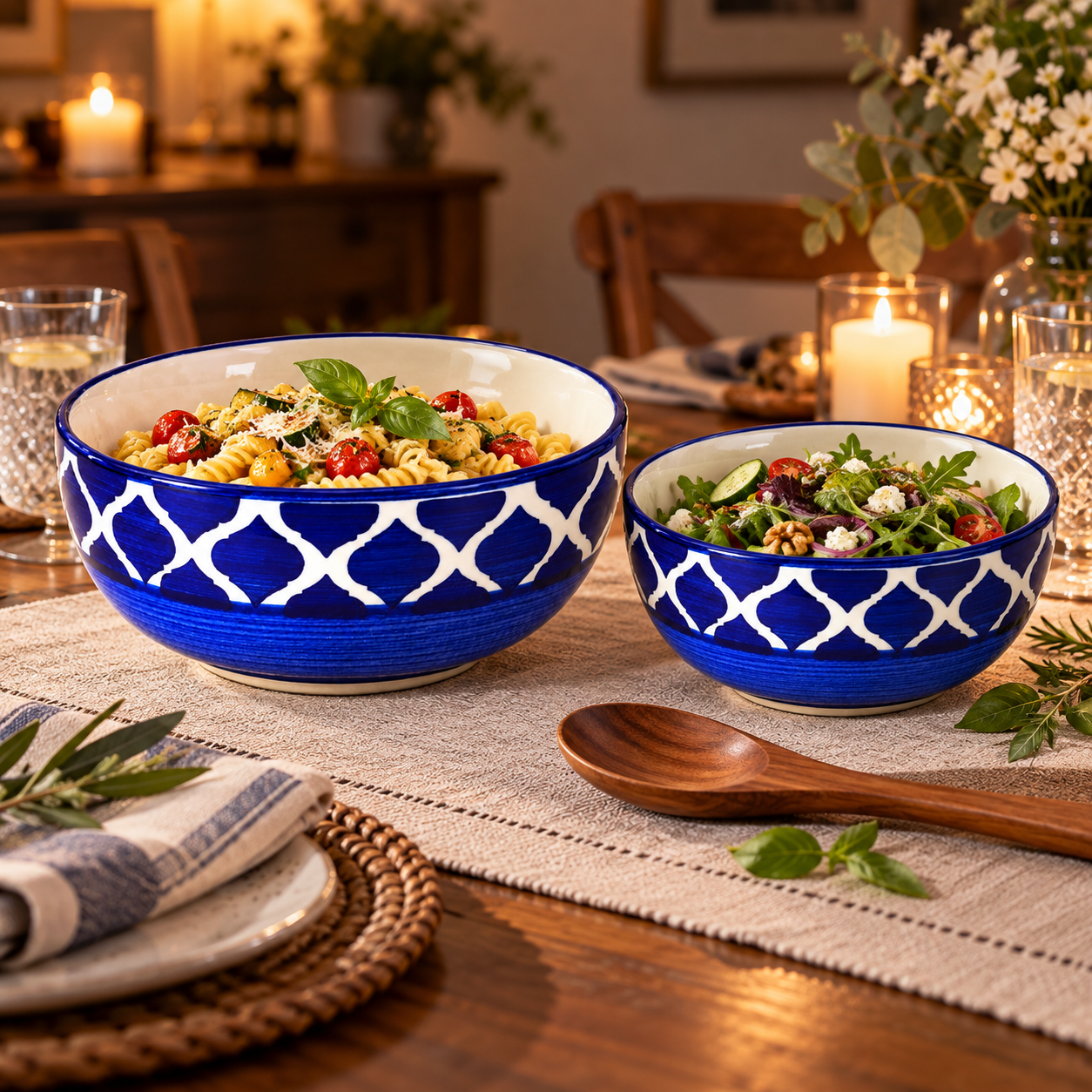 KunhaR Ceramic Mixing Bowl Set, 1500 ml & 800 ml, Blue Chidi | Set of 2 Nesting Bowls for Mixing, Serving, Salad, Pasta, Snacks & Kitchen Prep - Image 3