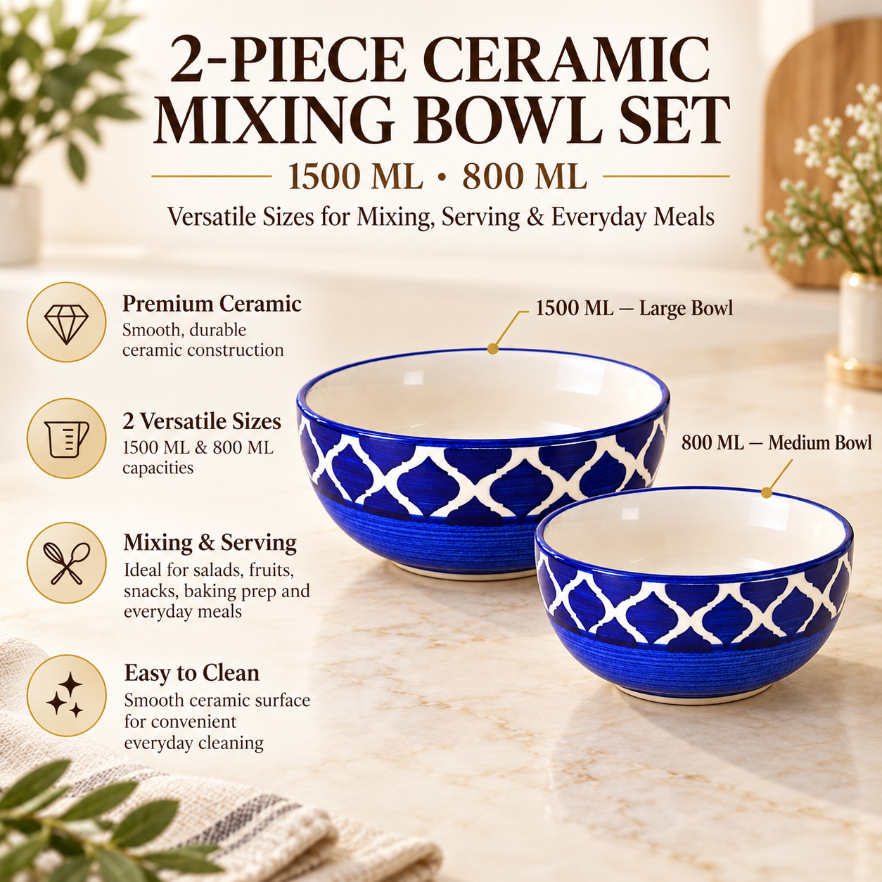 KunhaR Ceramic Mixing Bowl Set, 1500 ml & 800 ml, Blue Chidi | Set of 2 Nesting Bowls for Mixing, Serving, Salad, Pasta, Snacks & Kitchen Prep - Image 7