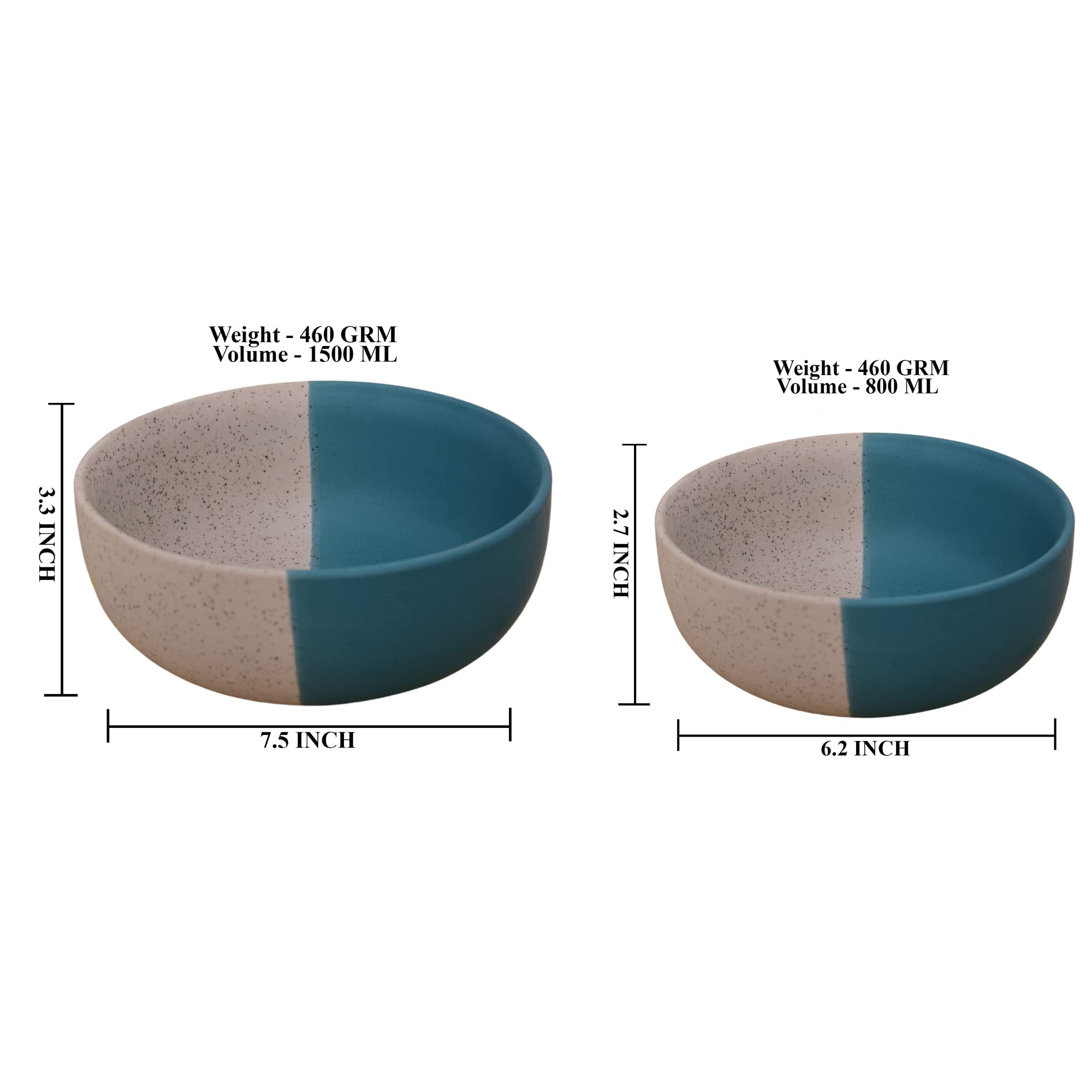 Kunhar Ceramic Mixing Bowls - 1500 Ml and 800 Ml, 2 Pieces, White Dusty Blue - Image 2